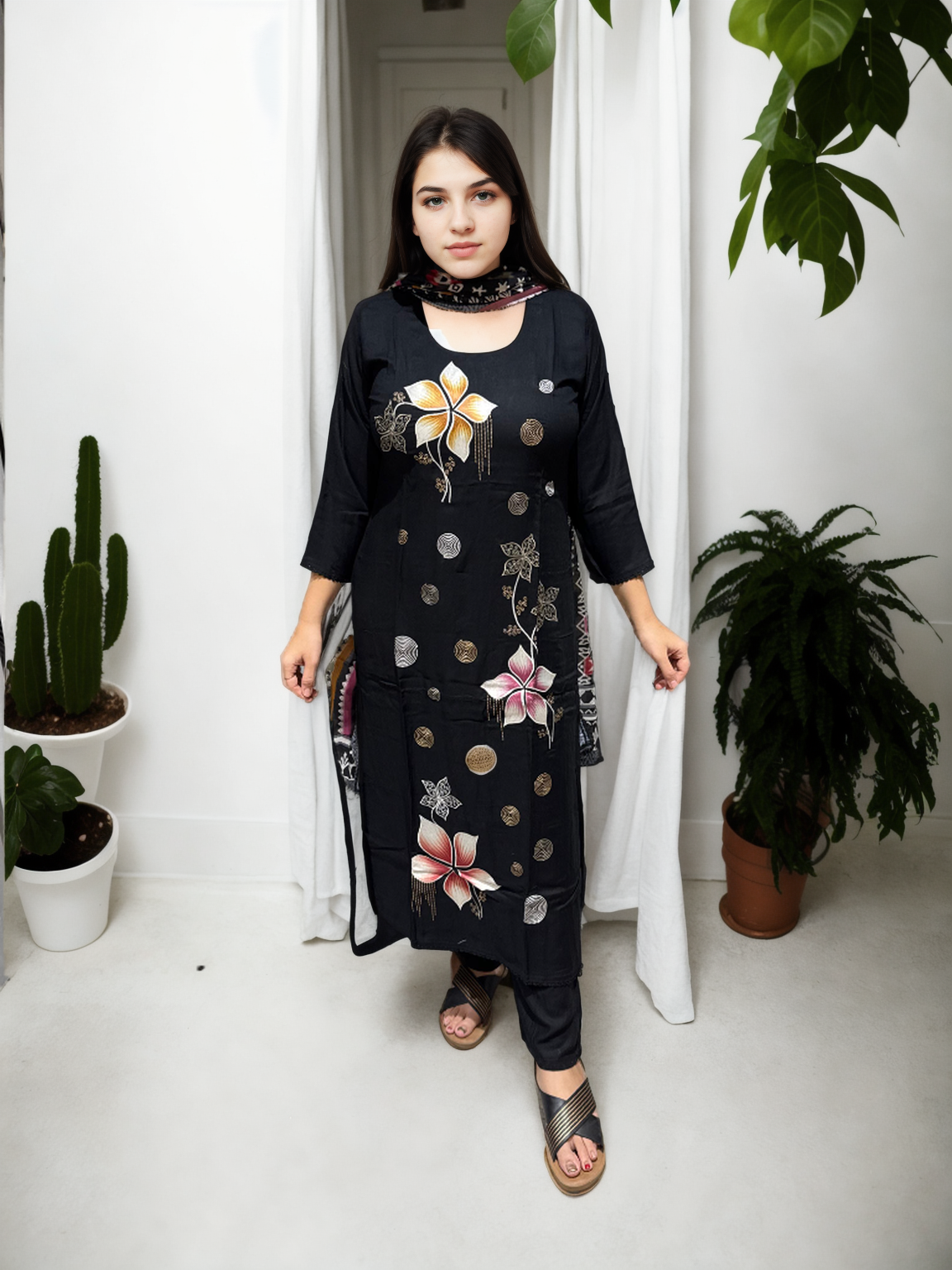 Midnight Bloom Cotton Suit Set with Digital Embroidery | Signature Collection