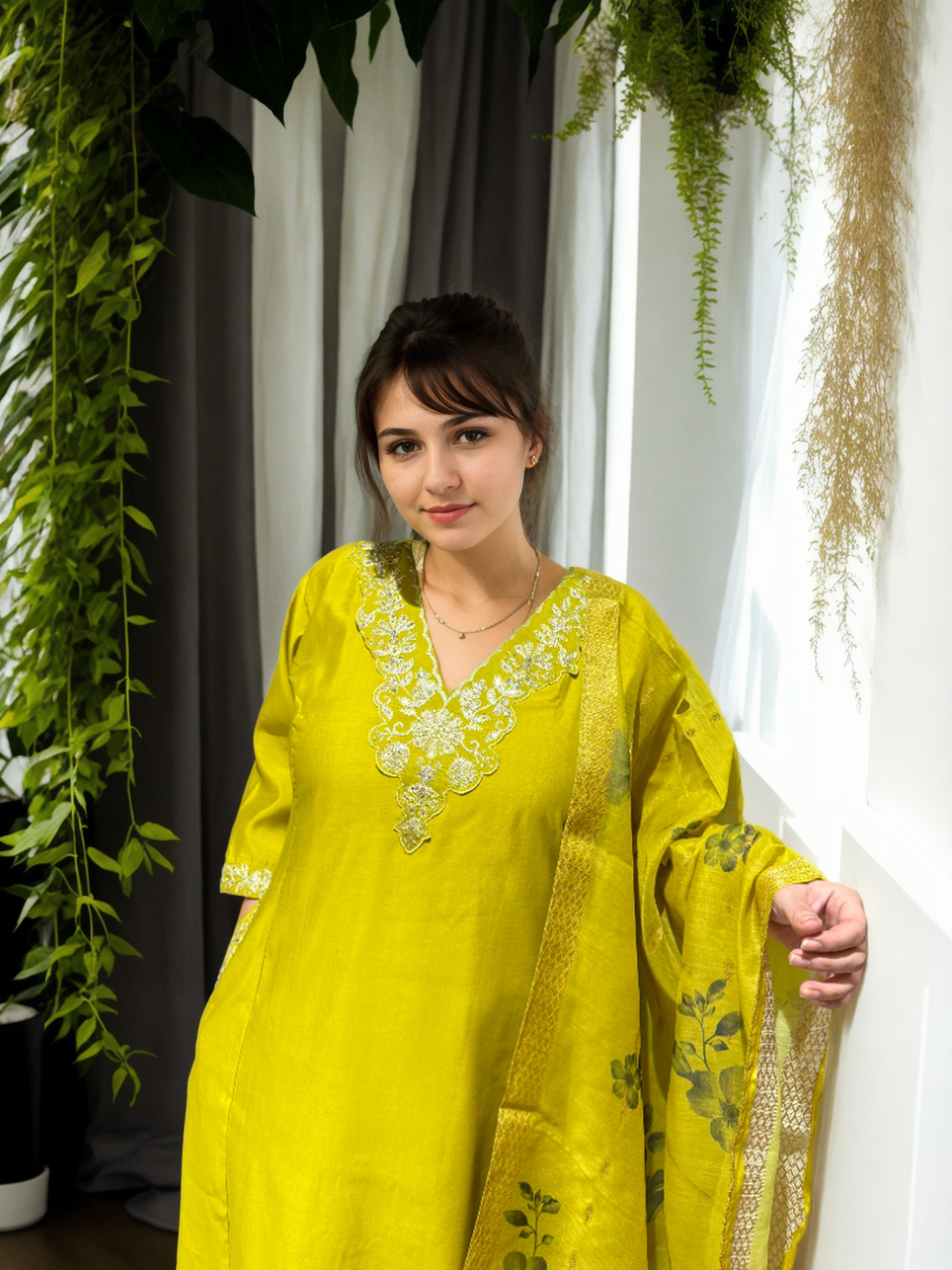 A-Line Suit Set with Chanderi Dupatta & Hand Embroidery