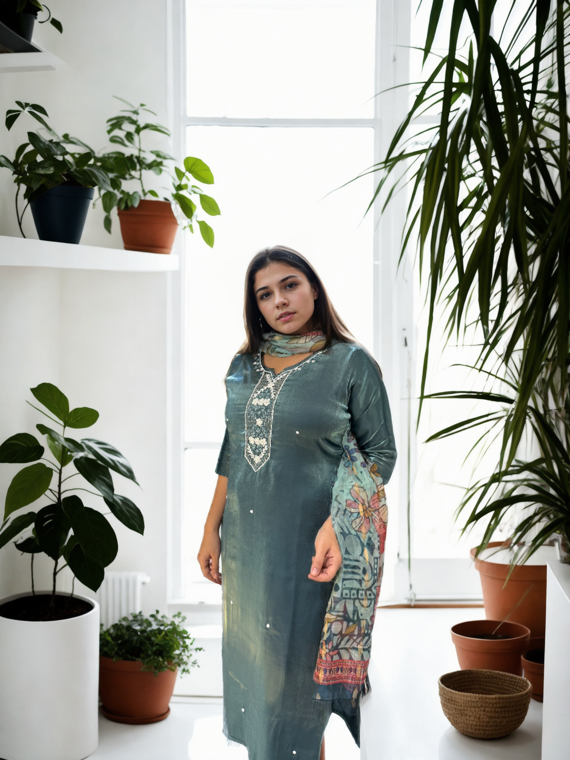 Royal Radiance: Mirror-Work Suit with Floral Digital Dupatta