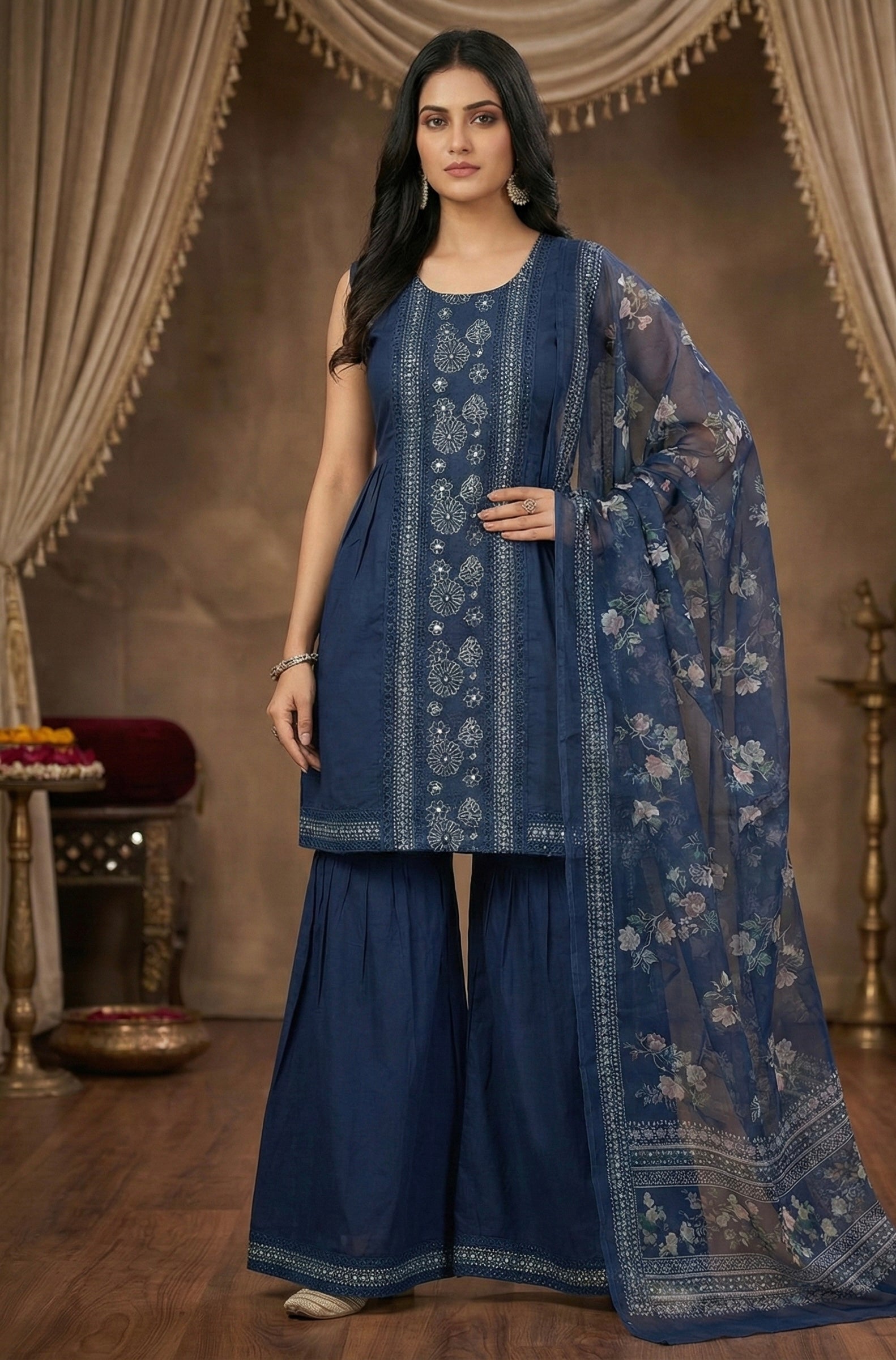 The Midnight Sapphire: Navy Blue Roman Silk Sharara Set with Floral Organza Dupatta