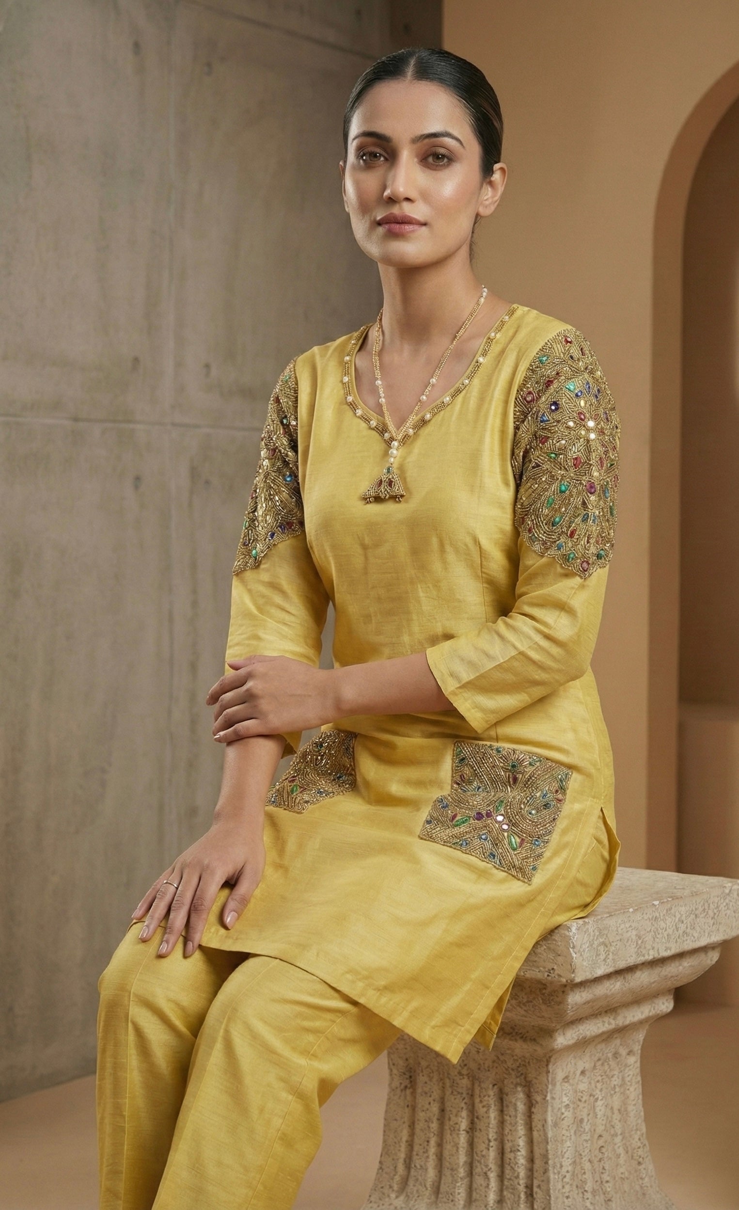 Golden Glow Pure Tissue Kurta Set with Hand-Embroidered Pockets & Shoulder Detail