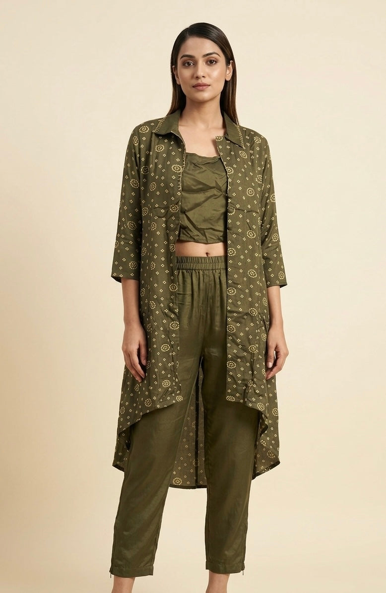 Printed Chino 3-Piece Set with Handwork Collar – Spaghetti Top, Pants & Shrug