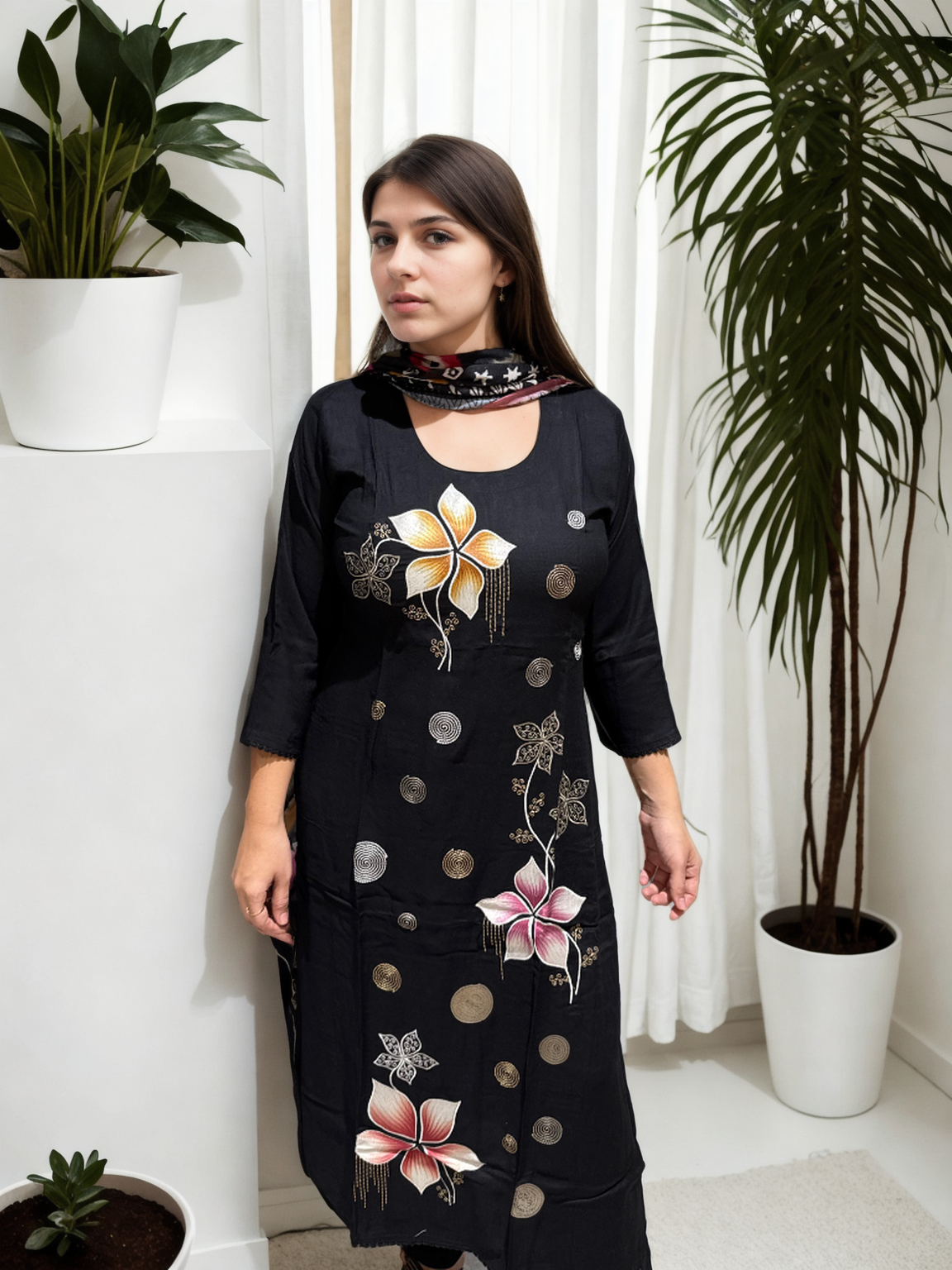 Midnight Bloom Cotton Suit Set with Digital Embroidery | Signature Collection