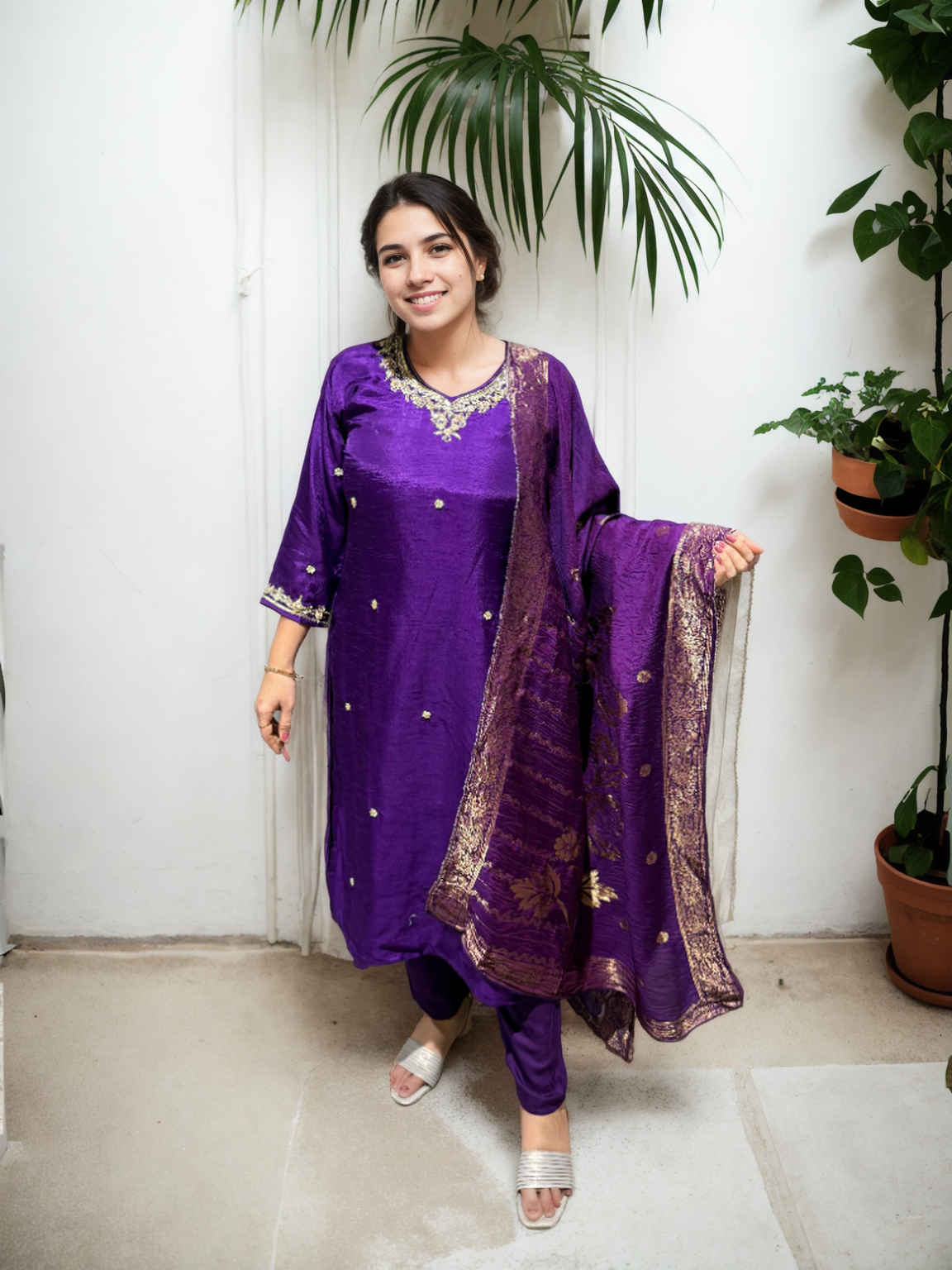 Signature Dola Silk Suit Set with Handwork & Muslin Jacquard Dupatta – 3 Premium Colours