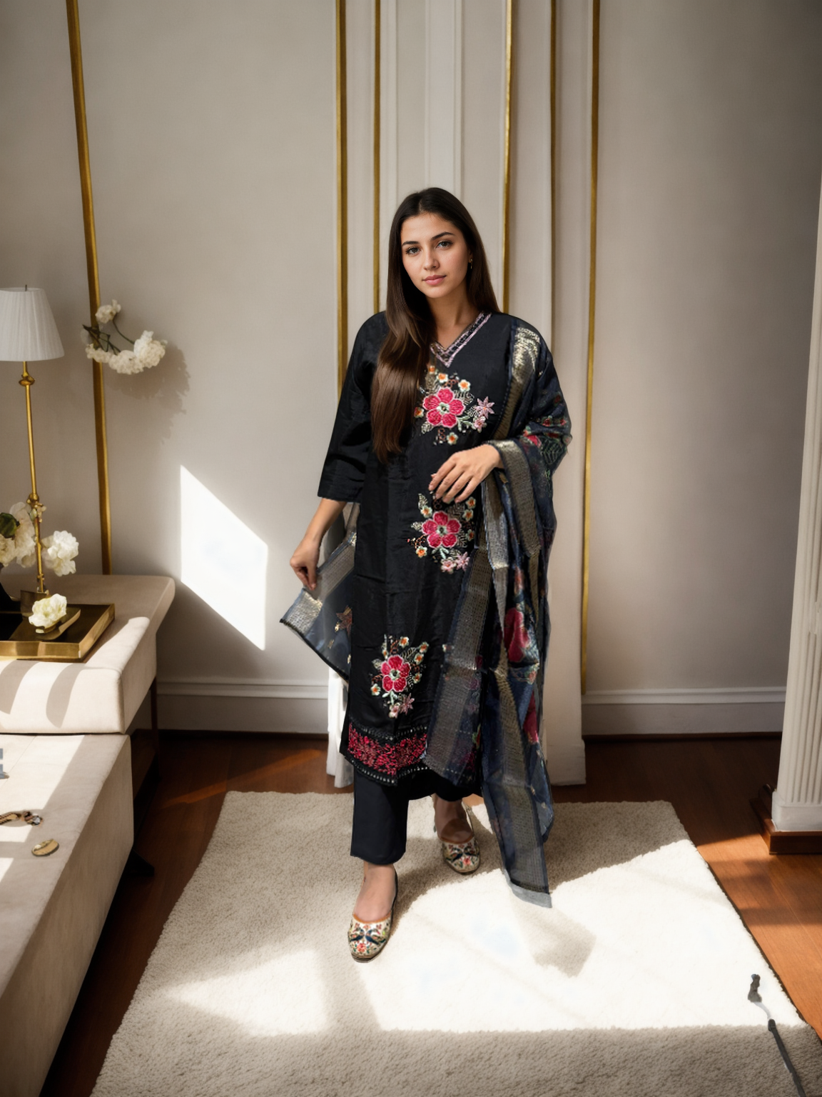 Black Roman Silk Suit with Hand Embroidery & Shimmer Checkered Dupatta
