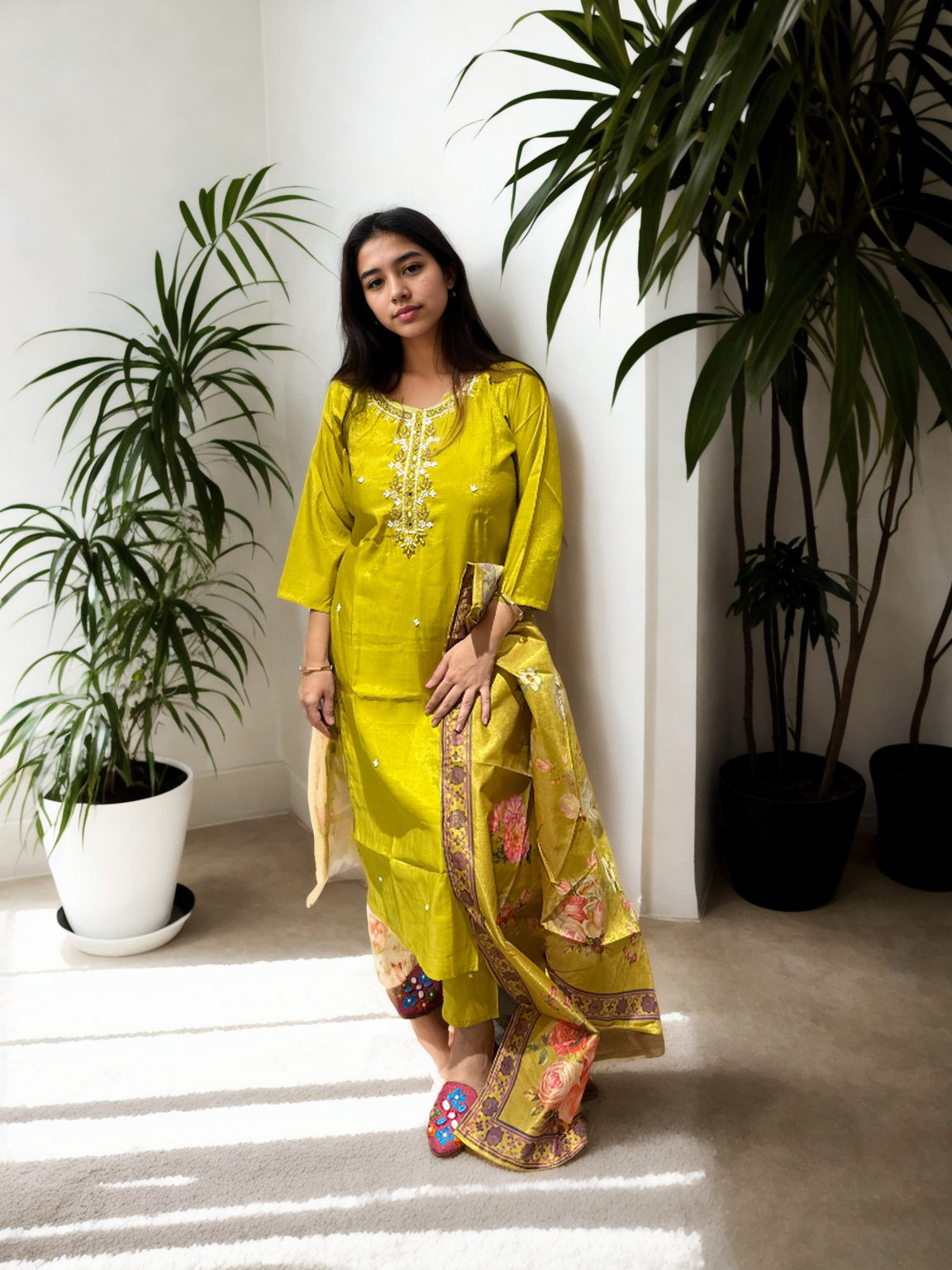 Shimmer Suit Set with Handwork & Floral Muslin Dupatta – Festive Glow