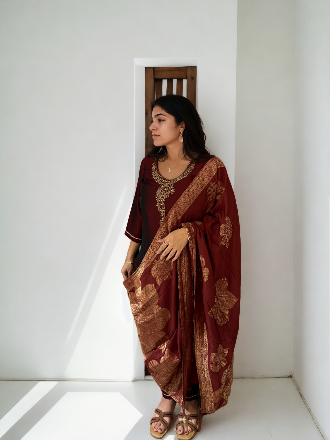 Deep Maroon Rangila Silk Suit with Hand Embroidery & Muslin Foil Dupatta