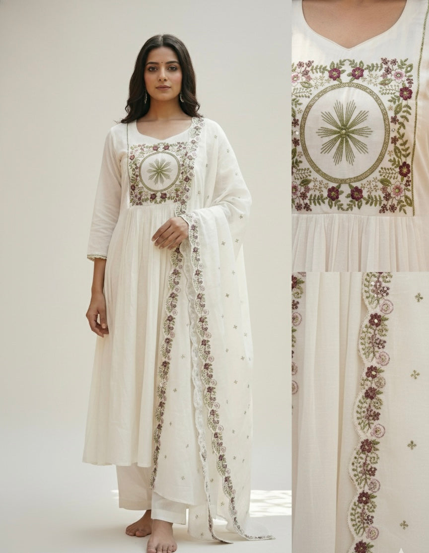 The Ethereal Ivory Mul Chanderi Embroidered Ghera Set