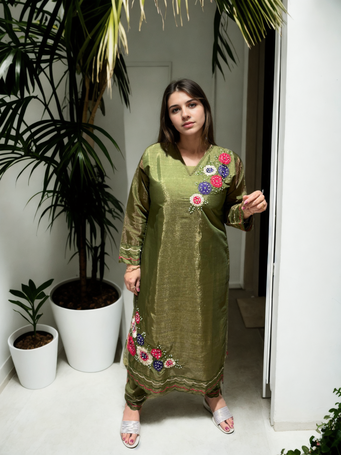 🌟 Shimmer Silk Suit with Digital Dupatta, Embroidery & Pearl Handwork – 3 Colors 🌟
