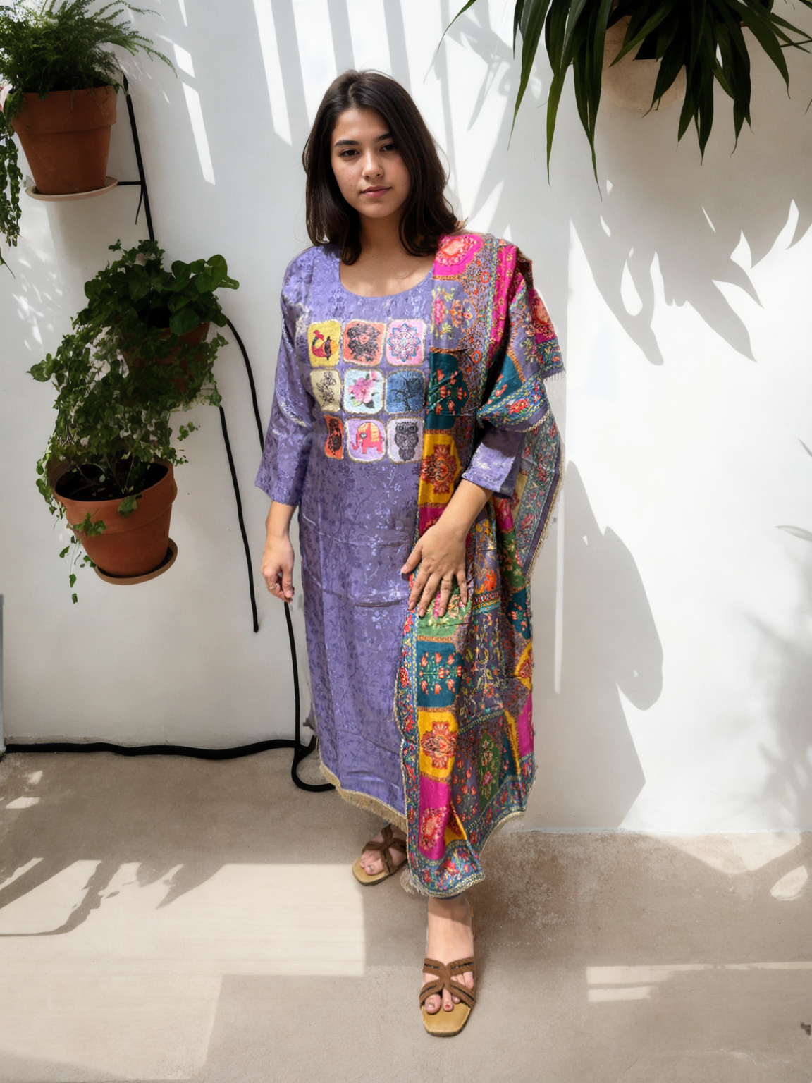 Signature Collection – Violet Jacquard Kurti Set with Digital Embroidery & Silk Dupatta
