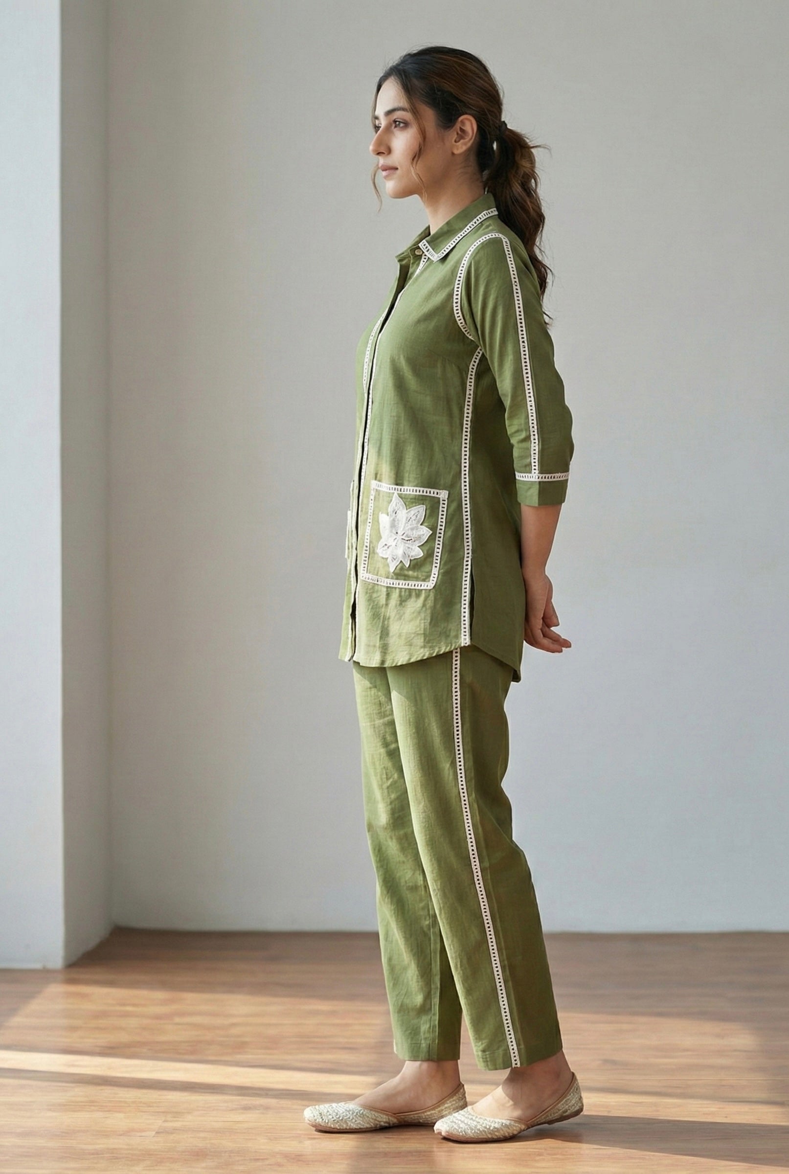 The Olive Aura: Handcrafted Khadi Cotton Co-ord Set with Lace Detailing