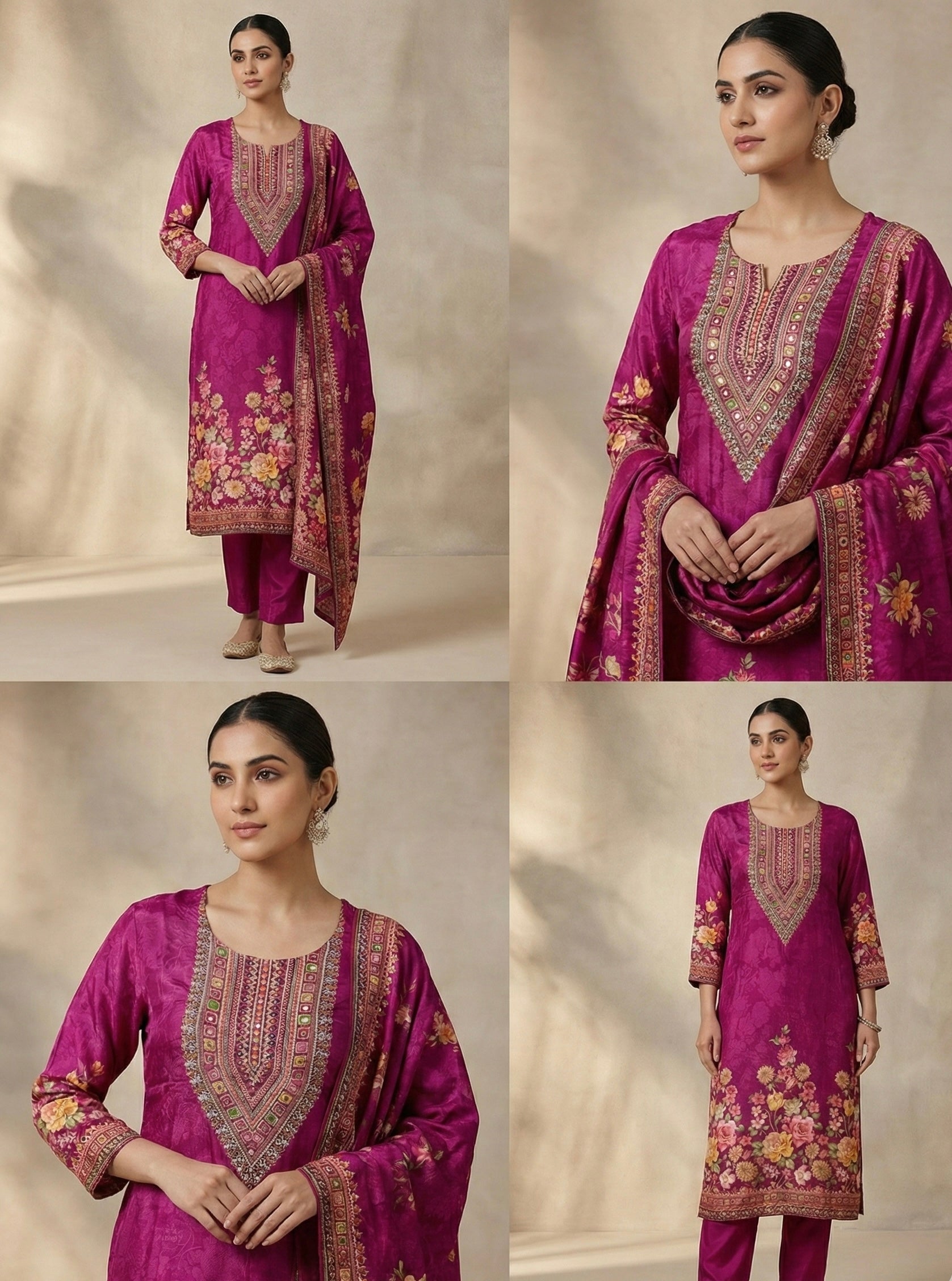 The Royal Magenta: Premium Chinon Floral Suit Set with Handwork