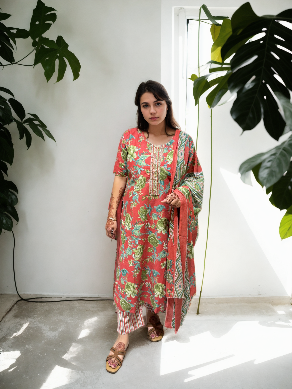 Cotton-Silk Floral Suit with Handwork Neckline
