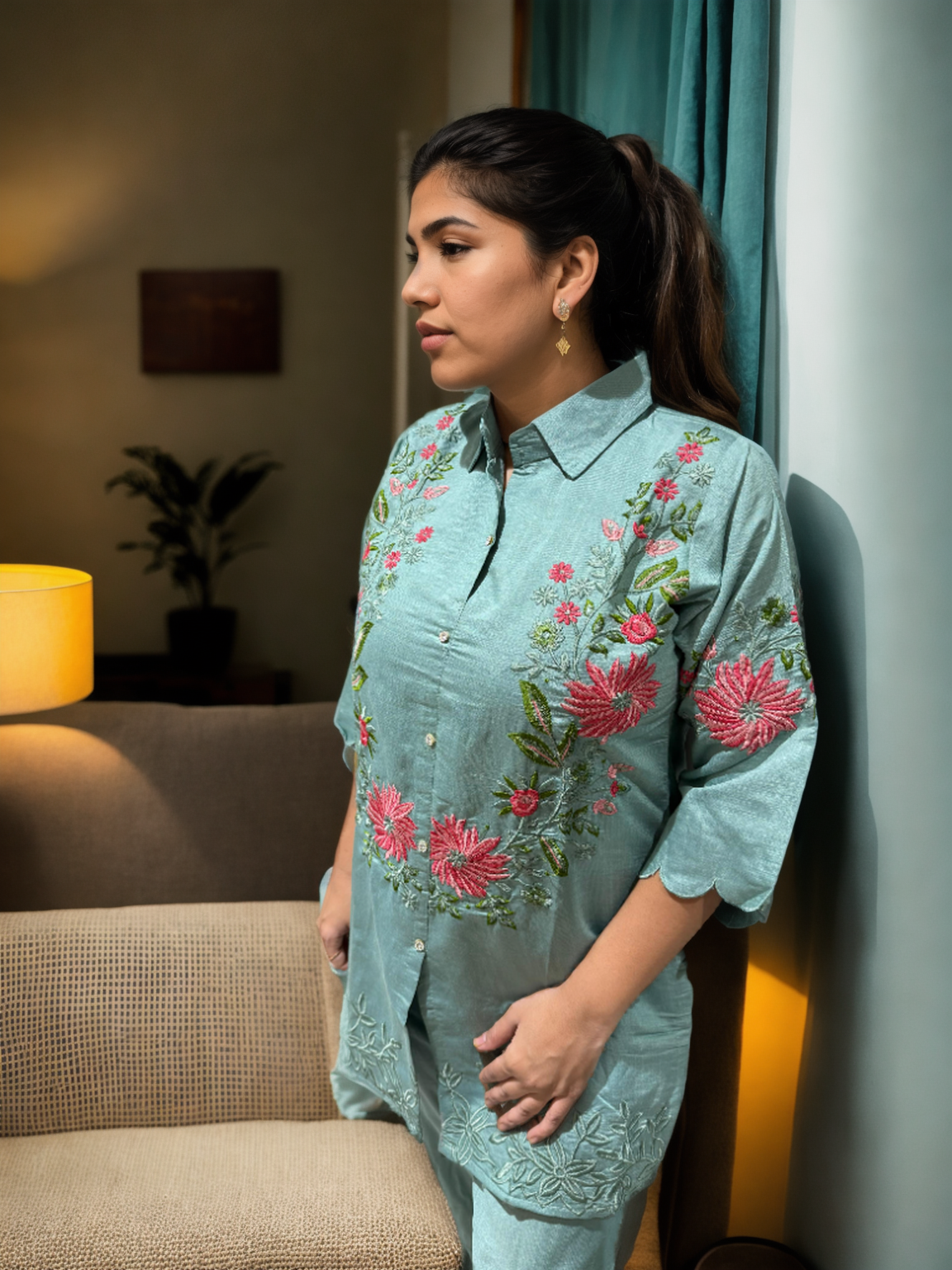 Floral Grace Embroidered Coord Set in Vatican Silk (With Inner)