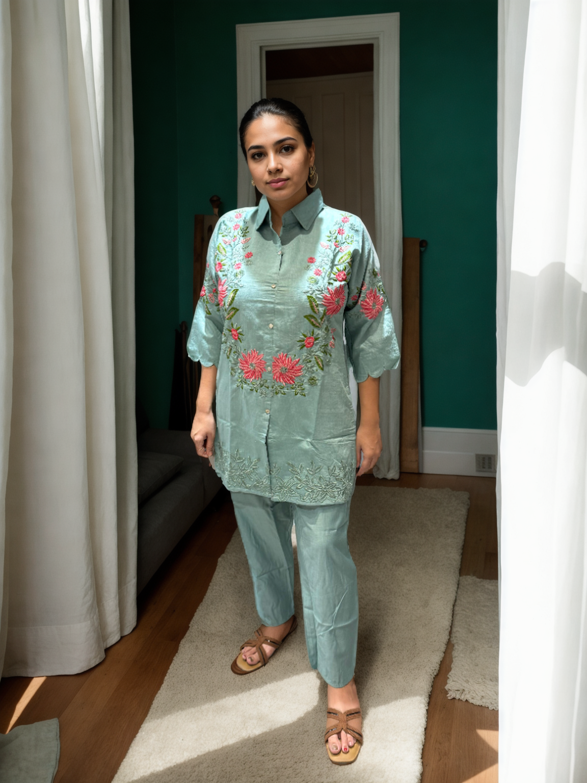 Floral Grace Embroidered Coord Set in Vatican Silk (With Inner)