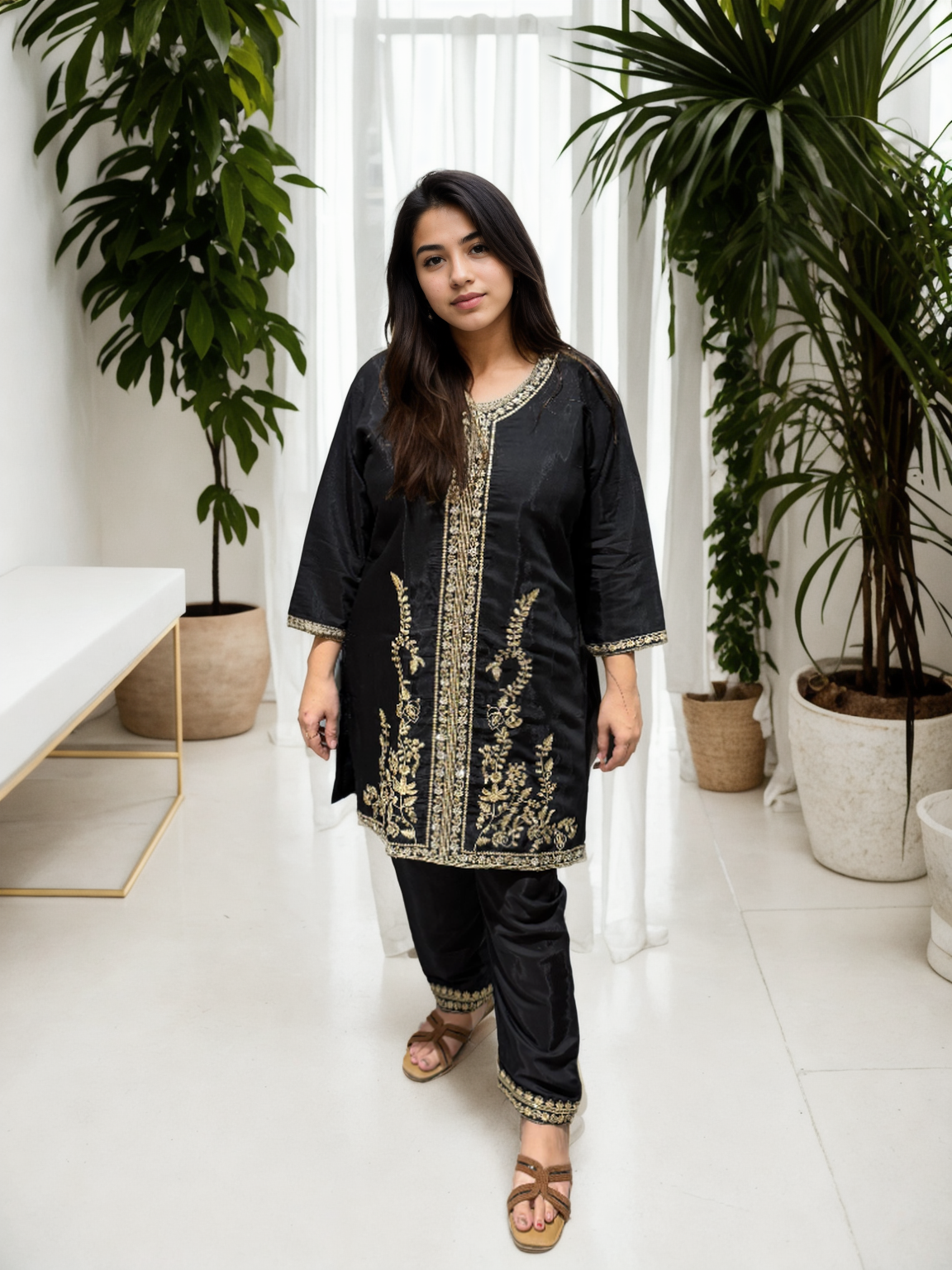 Royal Black Embroidered Coord Set – Gold Threadwork