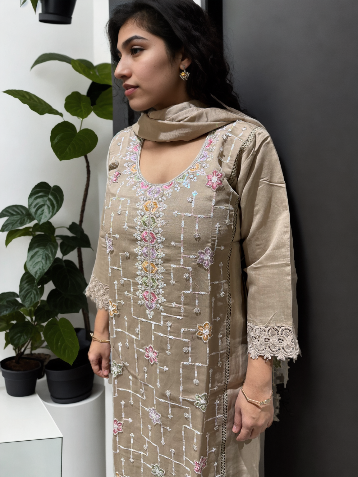 Elegant Beads Work Suit Set on Roman Silk – Available in Pink, Teal Blue & Beige