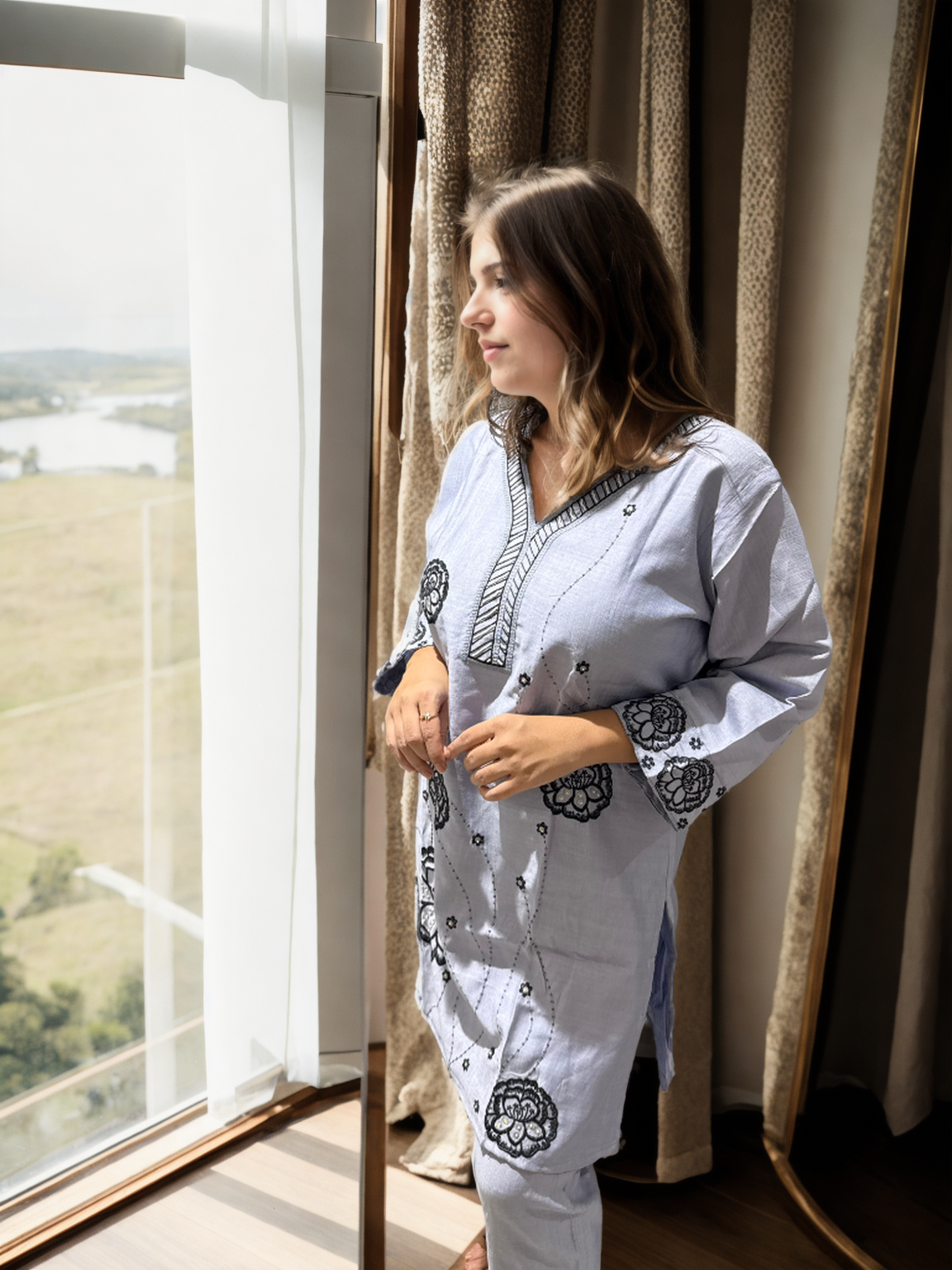 Zoya Bloom Embroidered Coord Set – Veticaan Fabric (Lilac Petal & Mist Blue)