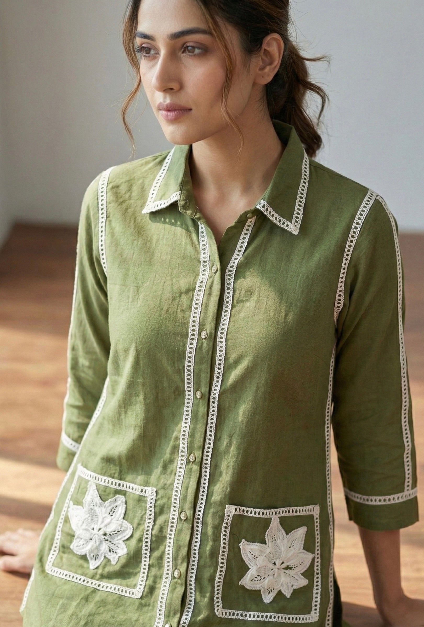 The Olive Aura: Handcrafted Khadi Cotton Co-ord Set with Lace Detailing