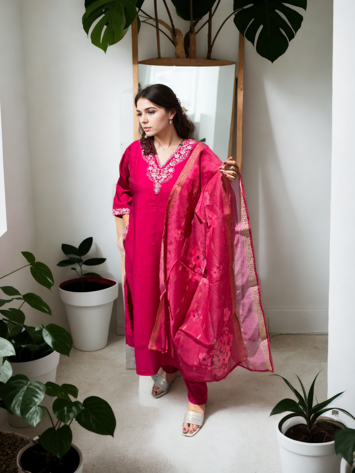 A-Line Suit Set with Chanderi Dupatta & Hand Embroidery