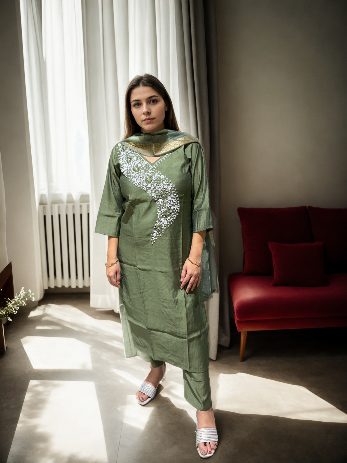 MeeraSetu Roman Elegance – Rose Pink Handwork Kurti Set with Chanderi Dupatta