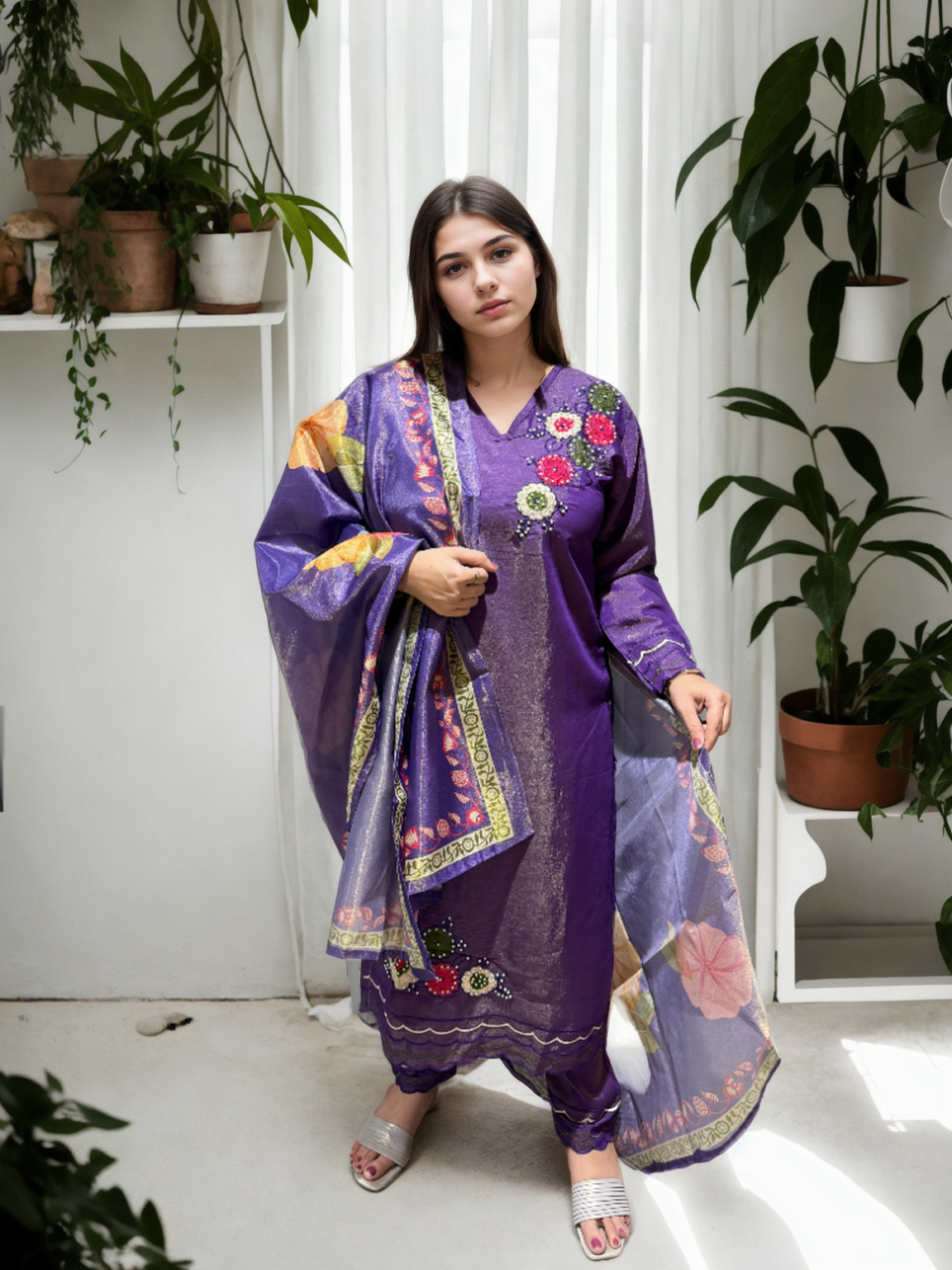 🌟 Shimmer Silk Suit with Digital Dupatta, Embroidery & Pearl Handwork – 3 Colors 🌟
