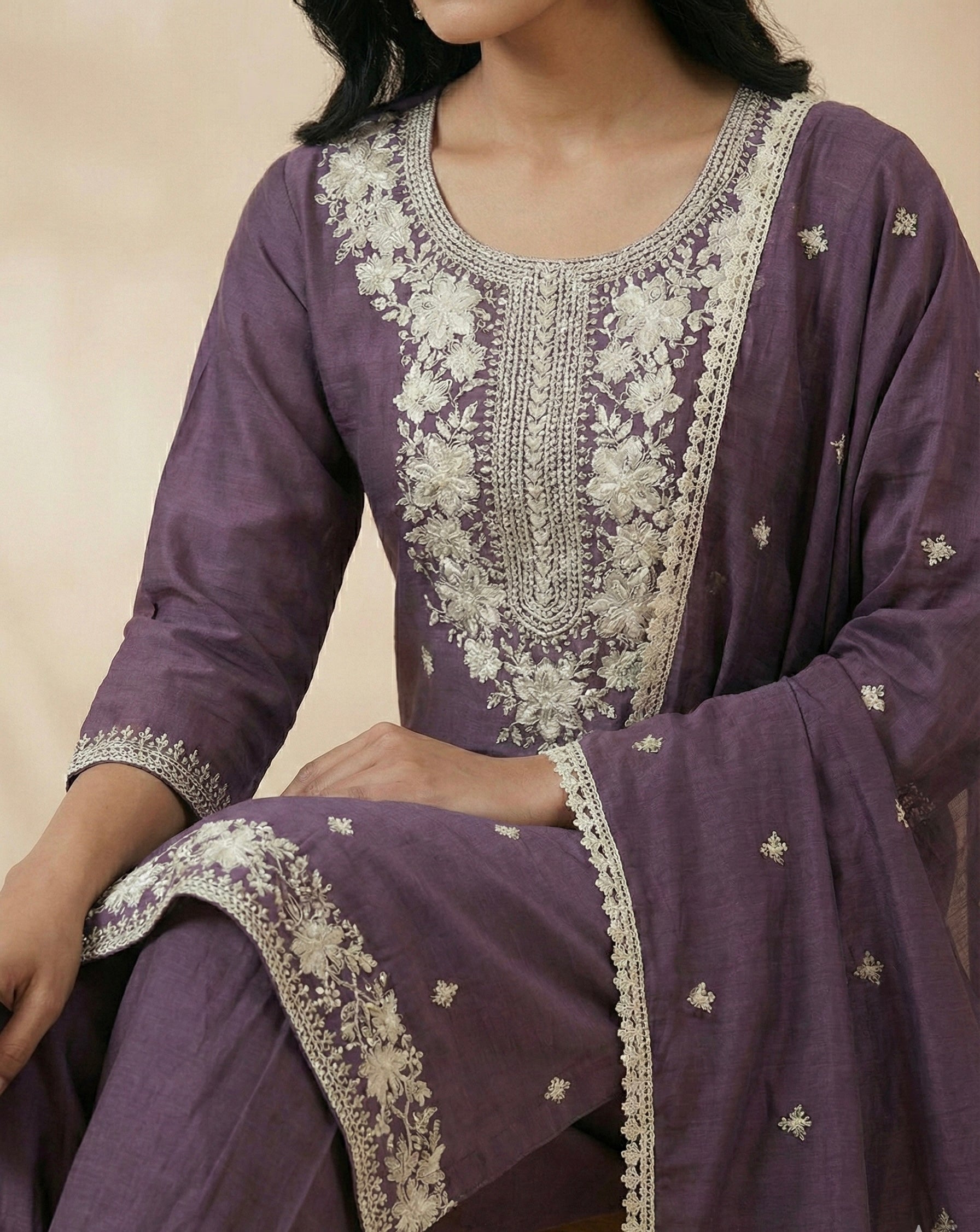 Patiala Suit Set with Hand-Embroidered Detailing & American Crepe Inner