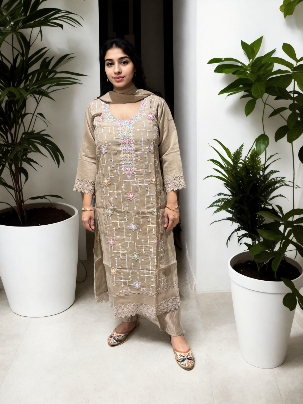 Elegant Beads Work Suit Set on Roman Silk – Available in Pink, Teal Blue & Beige