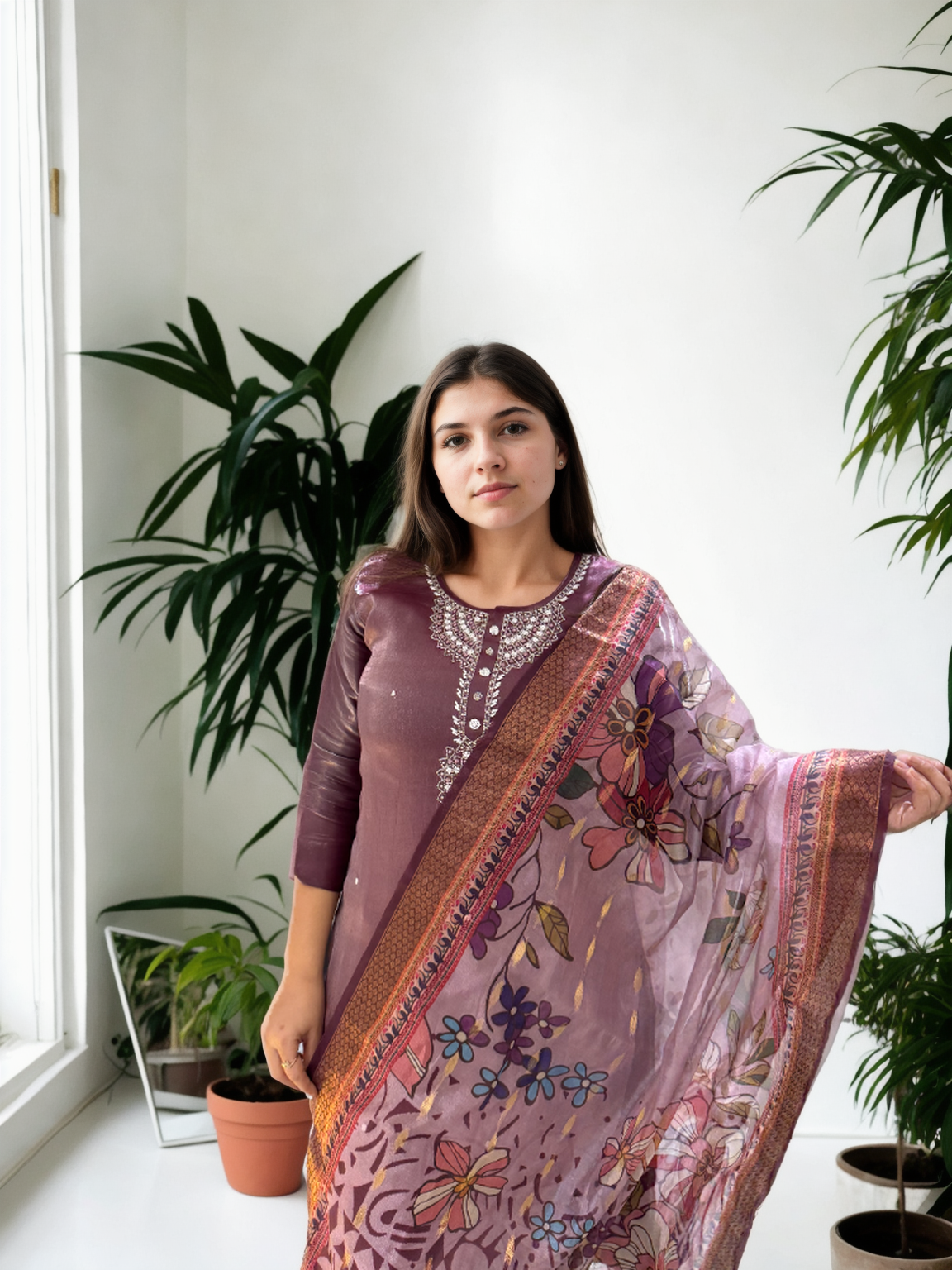 Royal Radiance: Mirror-Work Suit with Floral Digital Dupatta