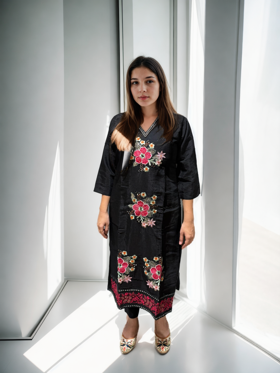 Black Roman Silk Suit with Hand Embroidery & Shimmer Checkered Dupatta