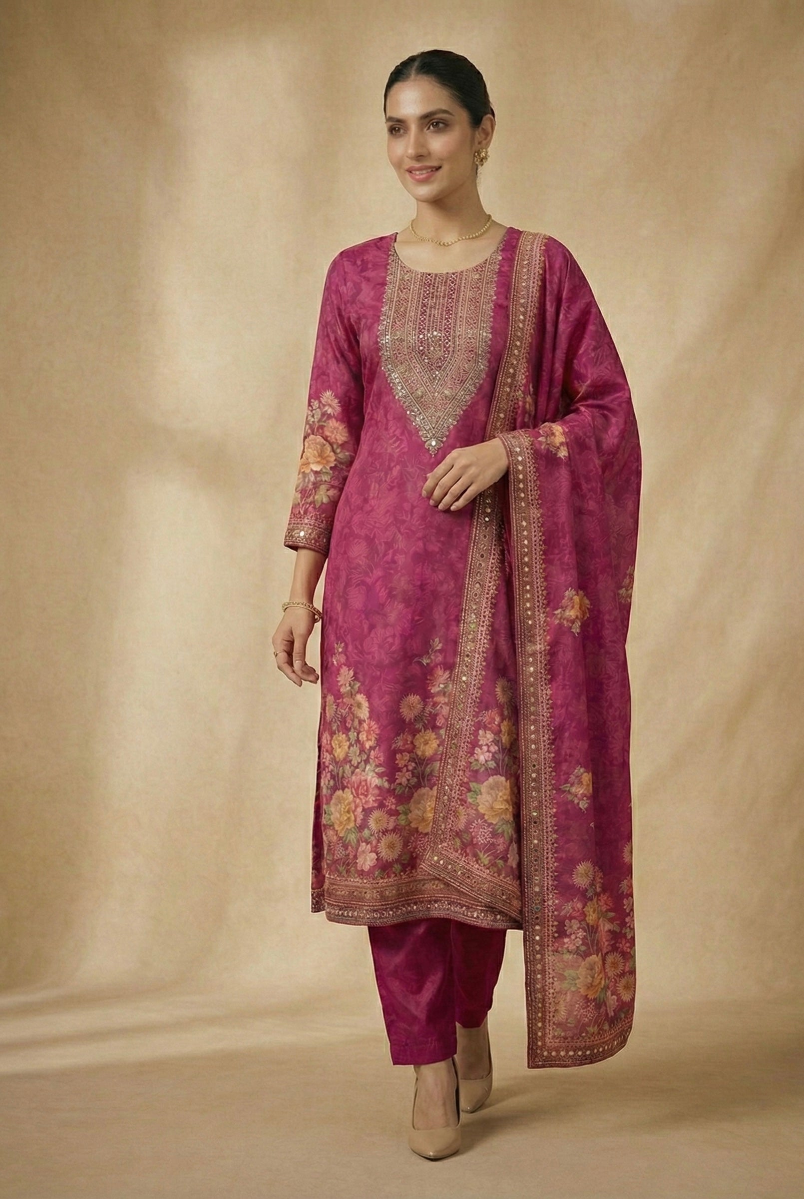 The Royal Magenta: Premium Chinon Floral Suit Set with Handwork