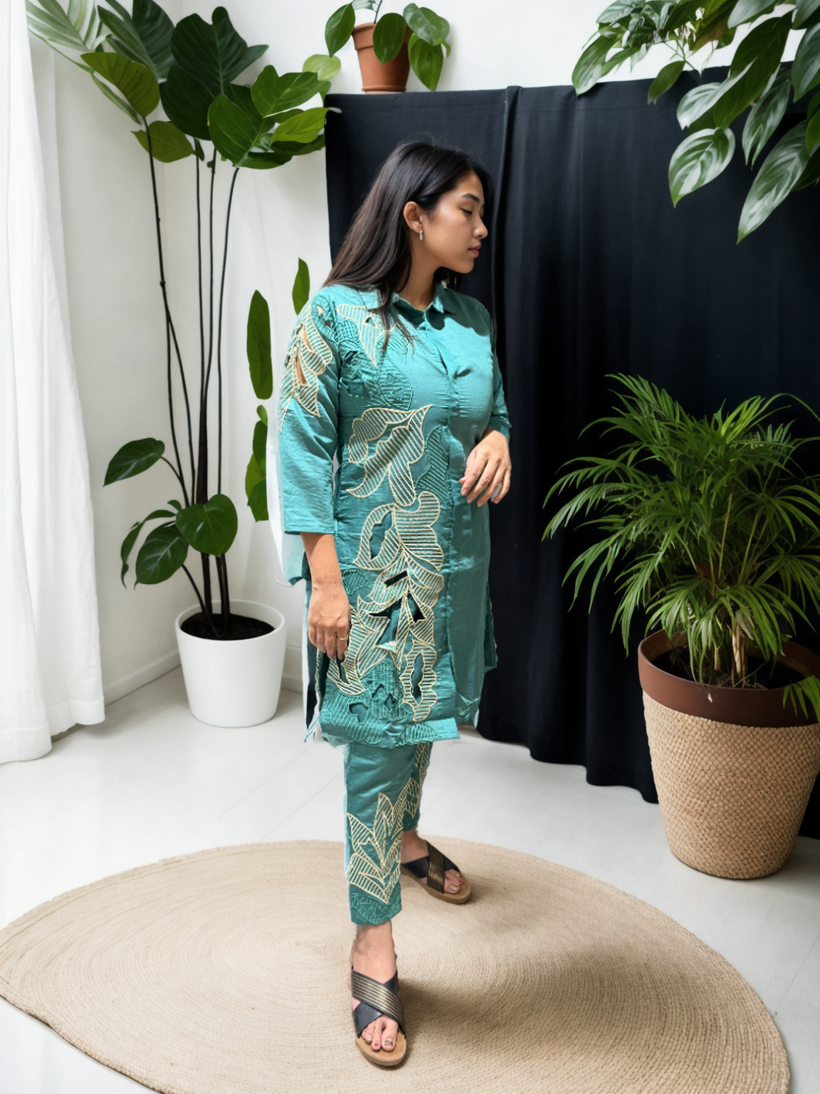 Cutwork Bloom Coord Set in Roman Silk – With Inner