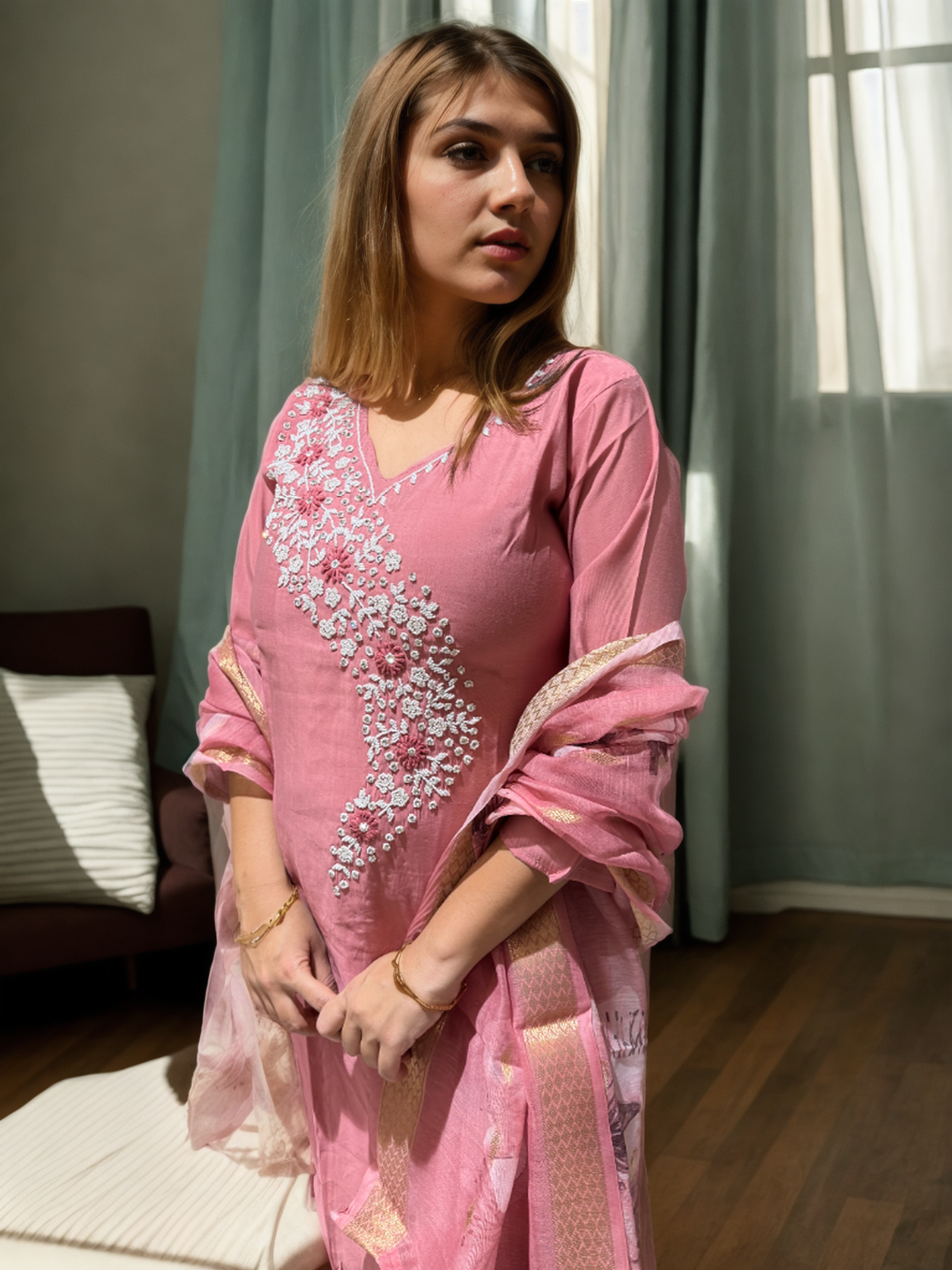 MeeraSetu Roman Elegance – Rose Pink Handwork Kurti Set with Chanderi Dupatta