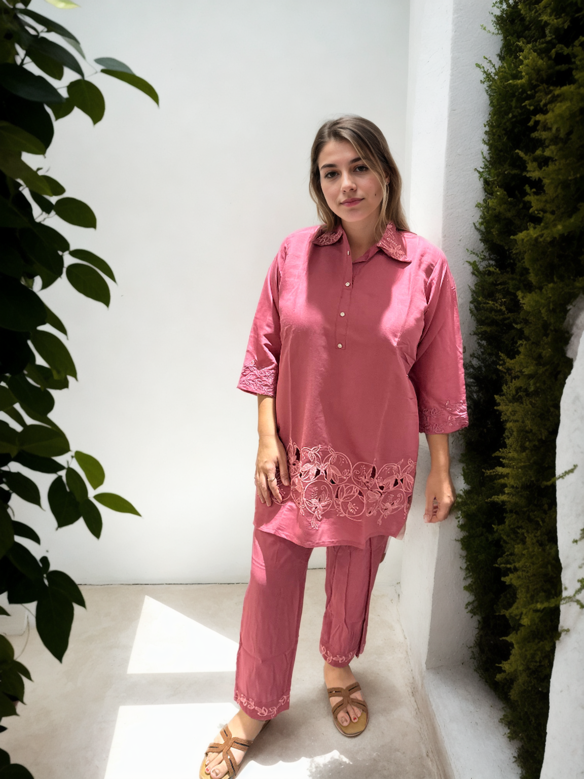 Ziva Cutwork Coord Set – Roman Silk | M to XXL