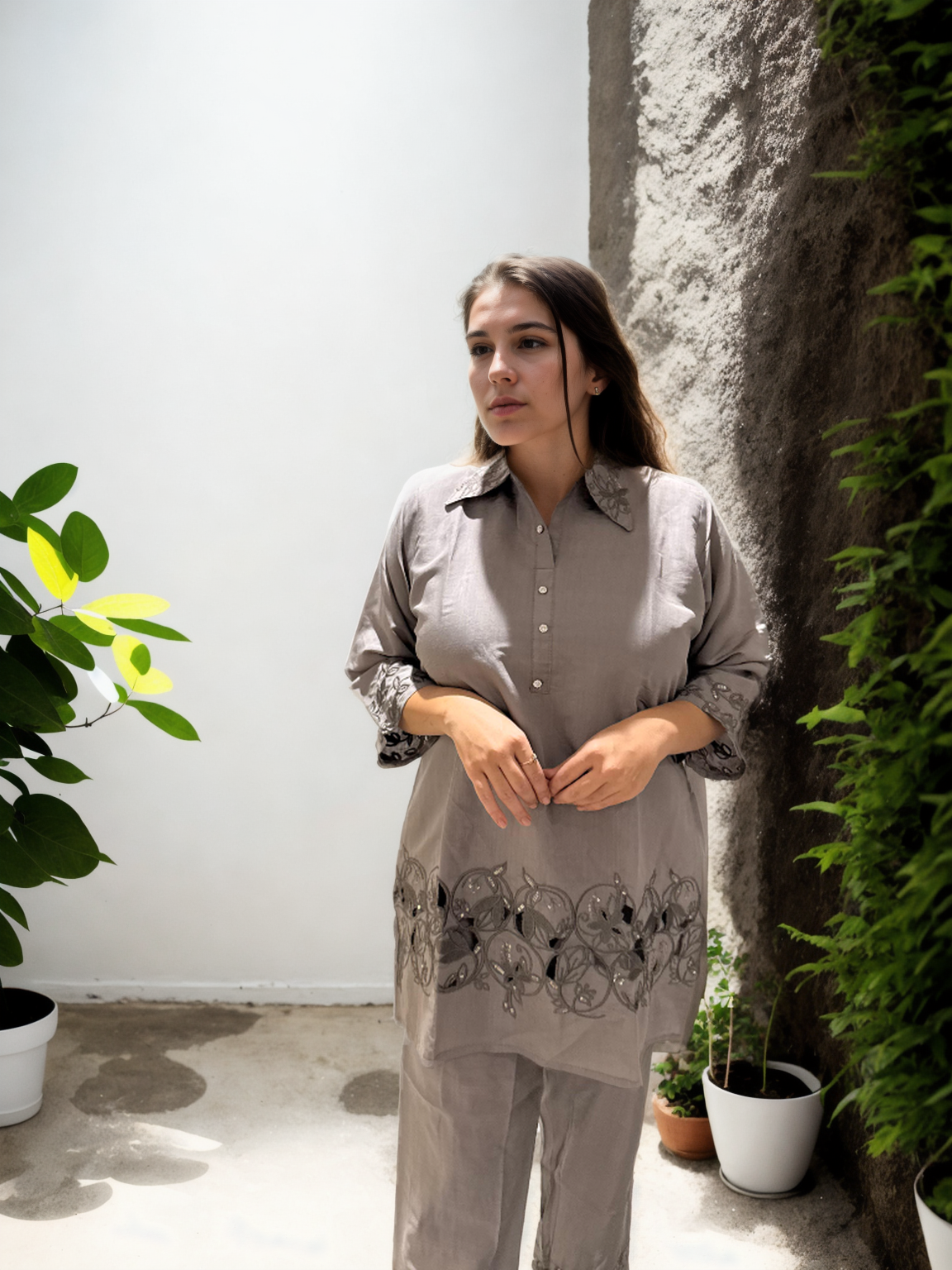 Ziva Cutwork Coord Set – Roman Silk | M to XXL