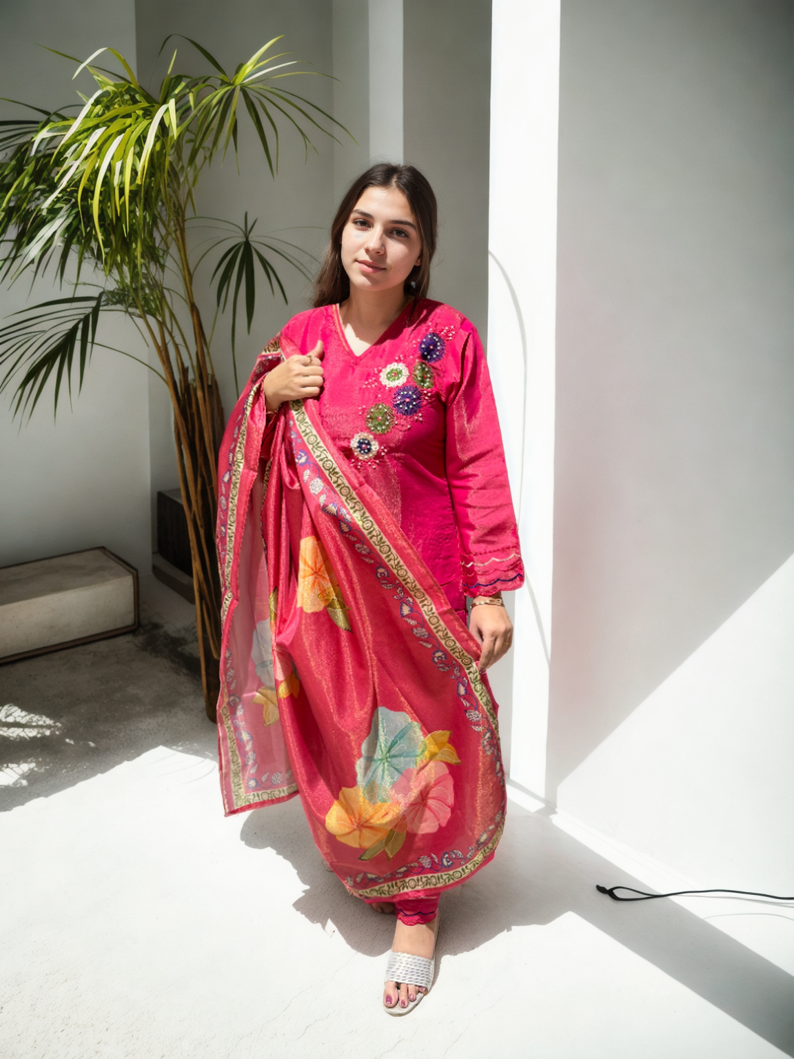 🌟 Shimmer Silk Suit with Digital Dupatta, Embroidery & Pearl Handwork – 3 Colors 🌟