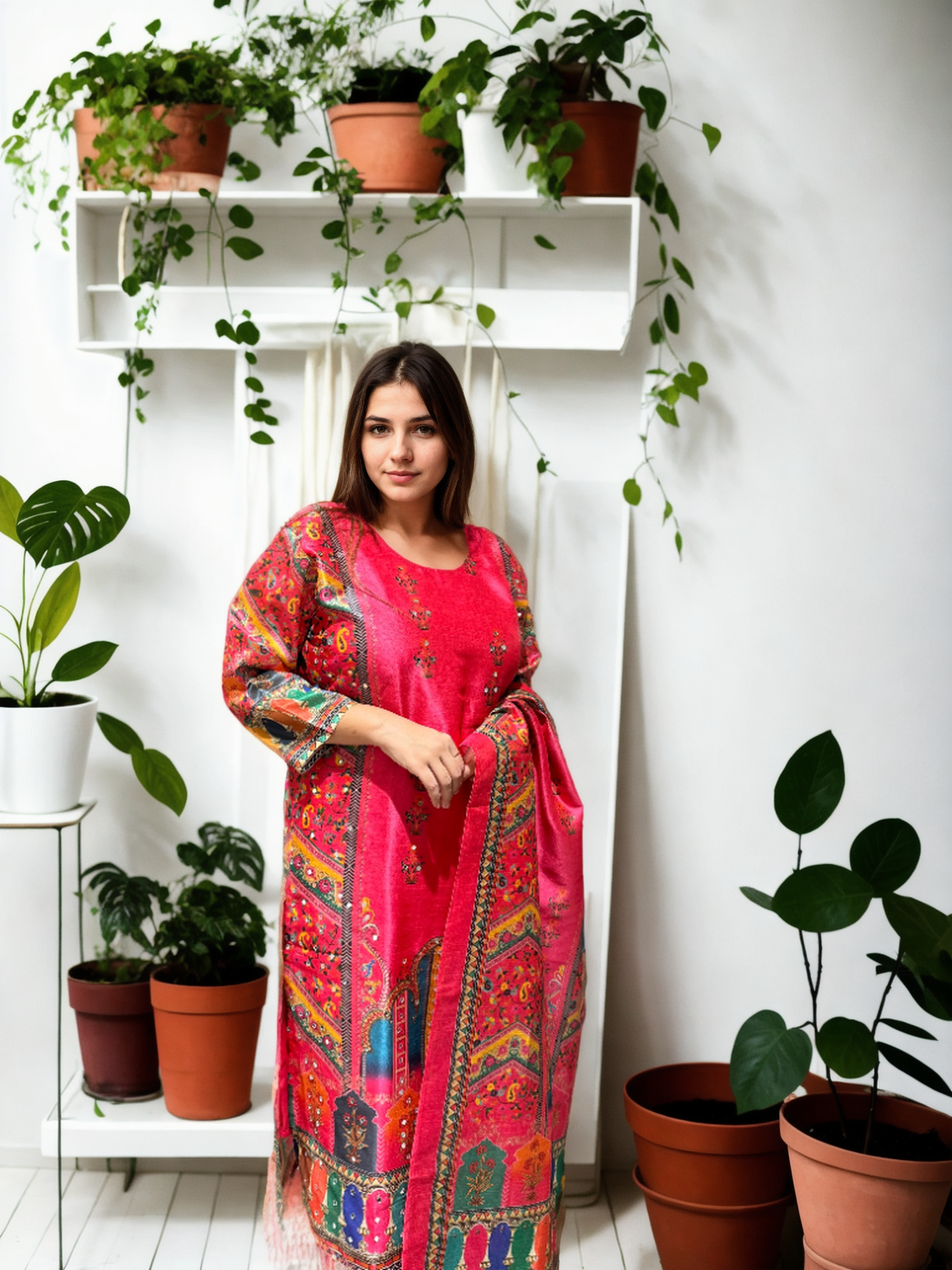 Hot Pink Gadwal Silk Mirror Work Suit Set with American Cotton Inner