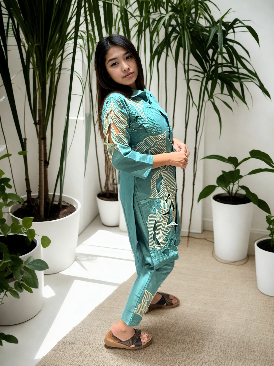 Cutwork Bloom Coord Set in Roman Silk – With Inner