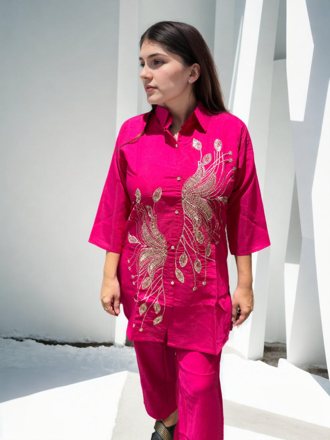 Peacock Bloom Embroidered Coord Set in Roman Silk (WITH INNER)