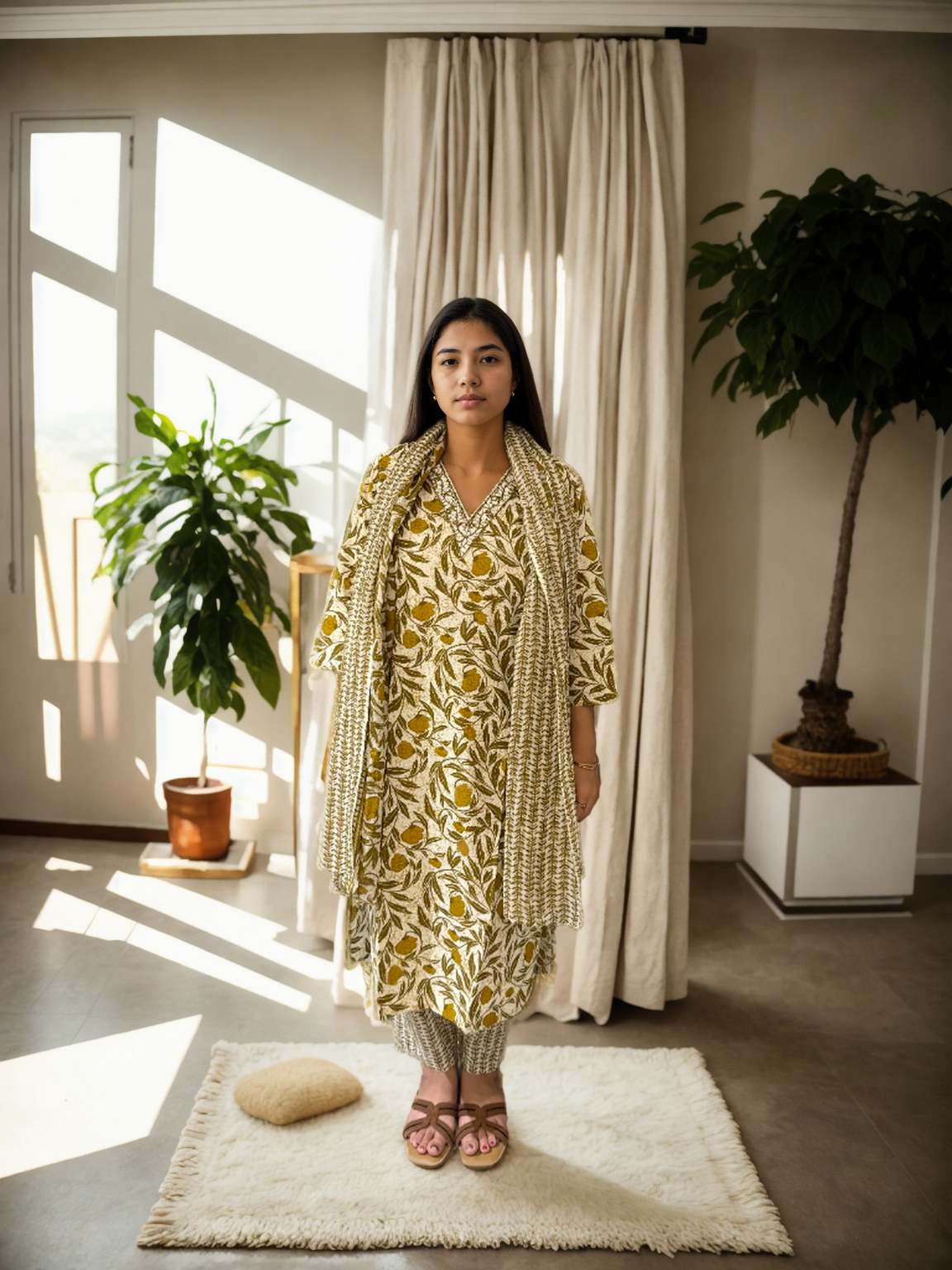Mustard Bloom Cotton Kurti Set (3-Piece | 40*60)