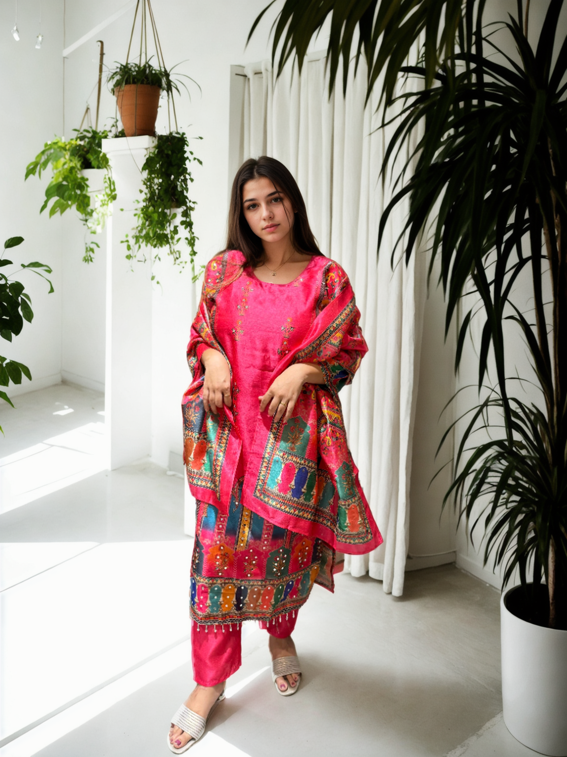 Hot Pink Gadwal Silk Mirror Work Suit Set with American Cotton Inner
