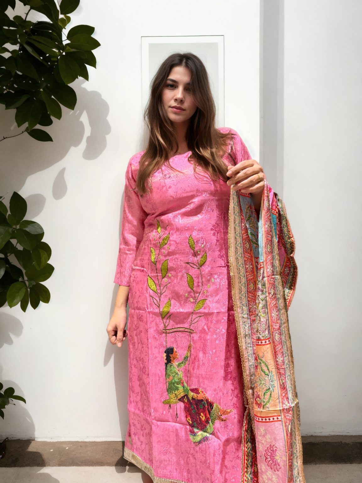 Pink Jacquard Kurta Set with Digital Embroidery & Multi-Silk Dupatta