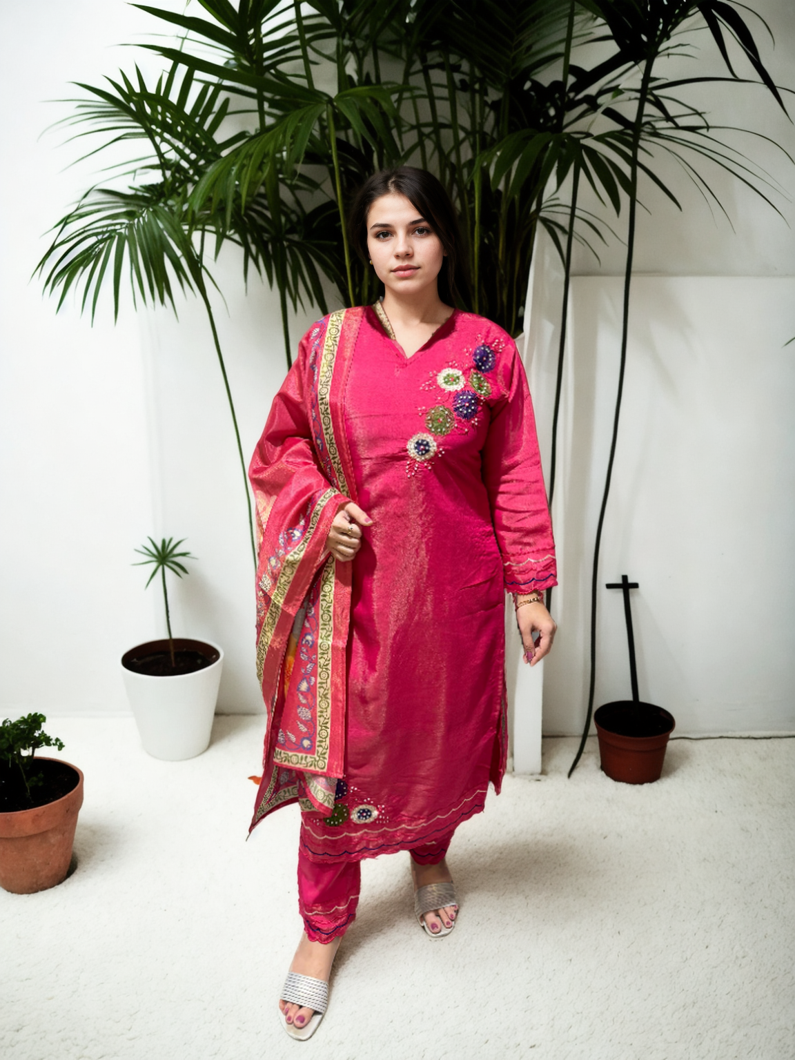 🌟 Shimmer Silk Suit with Digital Dupatta, Embroidery & Pearl Handwork – 3 Colors 🌟