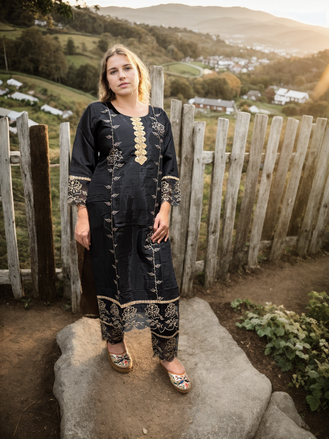 Noir Elegance - Roman Silk Embroidered Suit Set