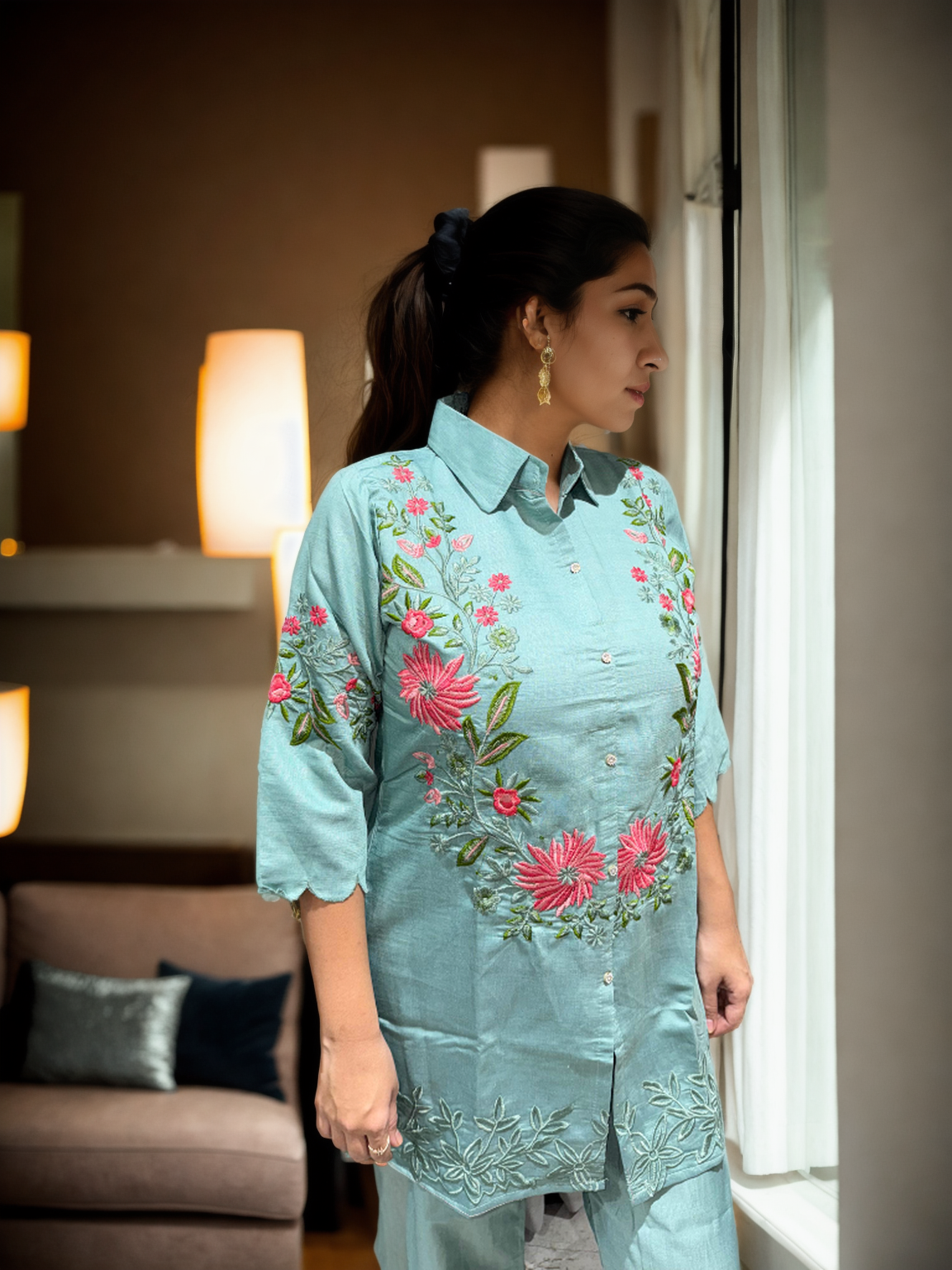 Floral Grace Embroidered Coord Set in Vatican Silk (With Inner)