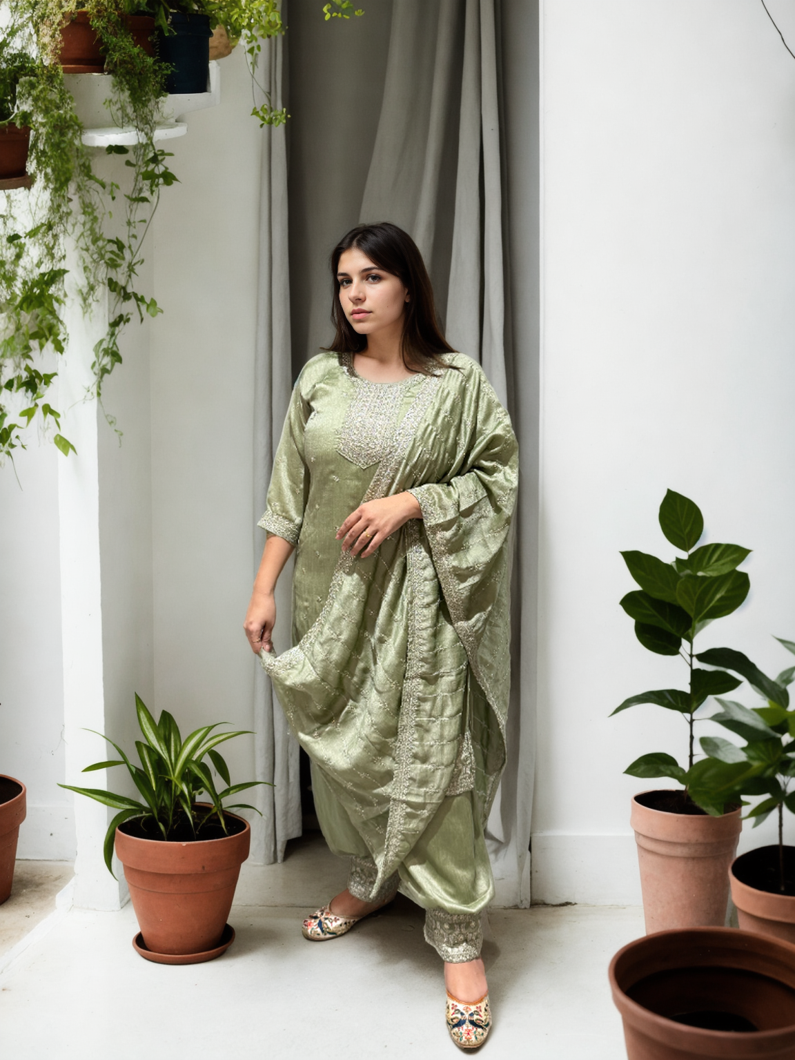 Timeless Charm: Embroidered Afghani Suit Set with Shimmer Detailing