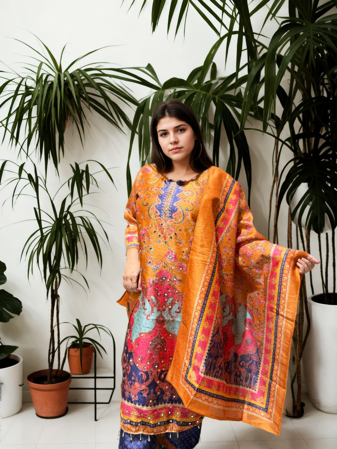 Gadwal Silk Print 3-Piece Suit Set — Saffron Paisley with Mirror Work