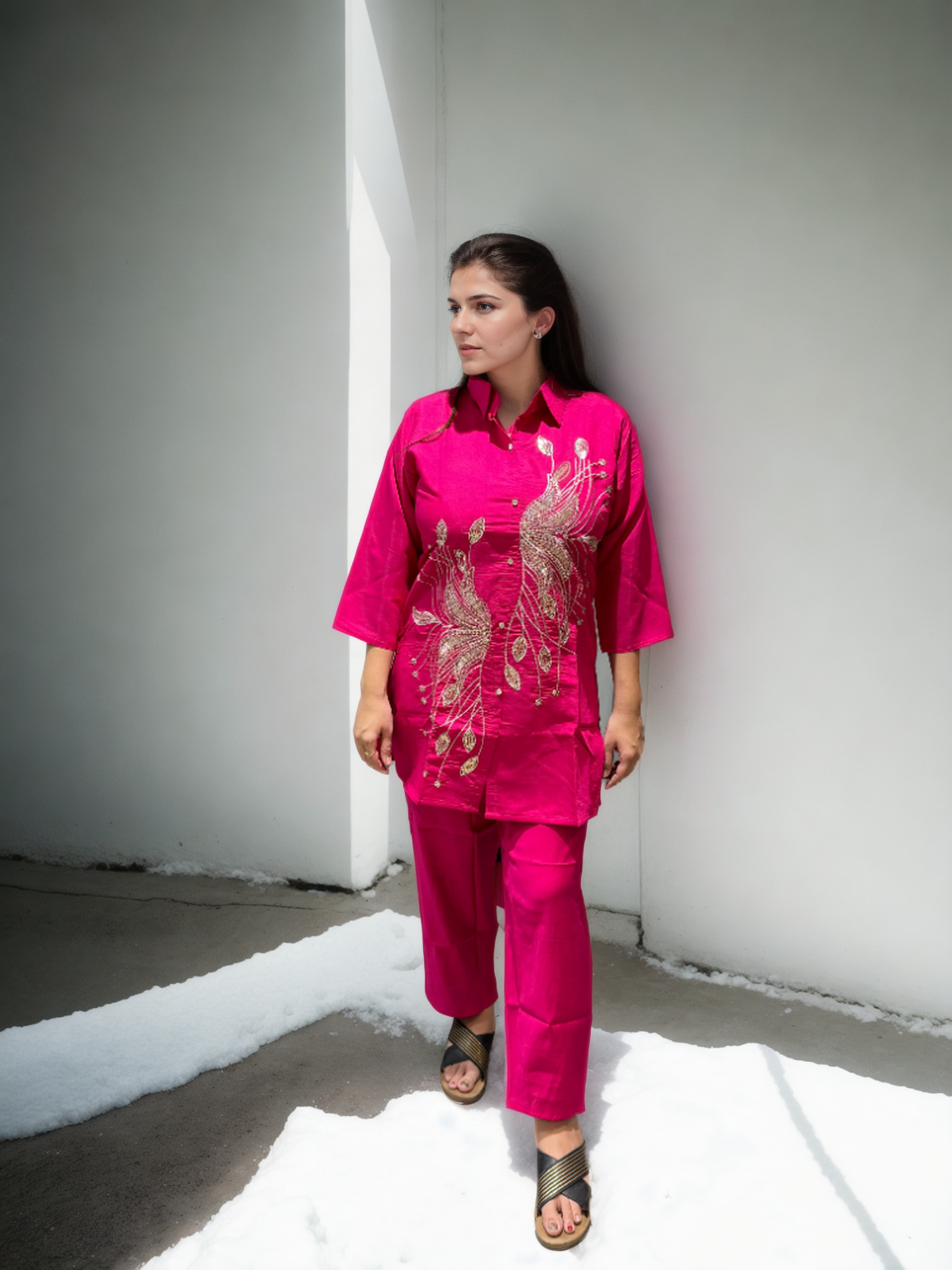 Peacock Bloom Embroidered Coord Set in Roman Silk (WITH INNER)