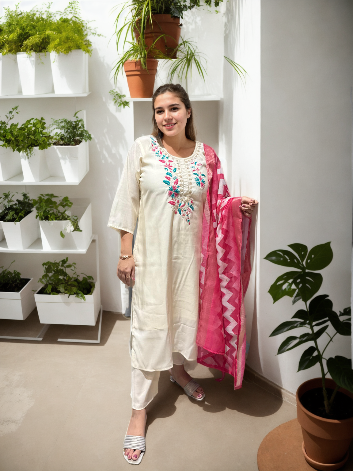 Elegant Roman Silk Suit with Hand Embroidered Neckline & Printed Chanderi Dupatta – Off White
