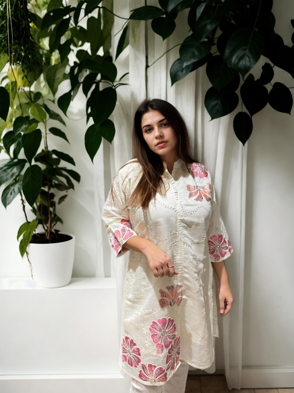 Chikan-Inspired Kurta Set with Bold Floral Appliqué